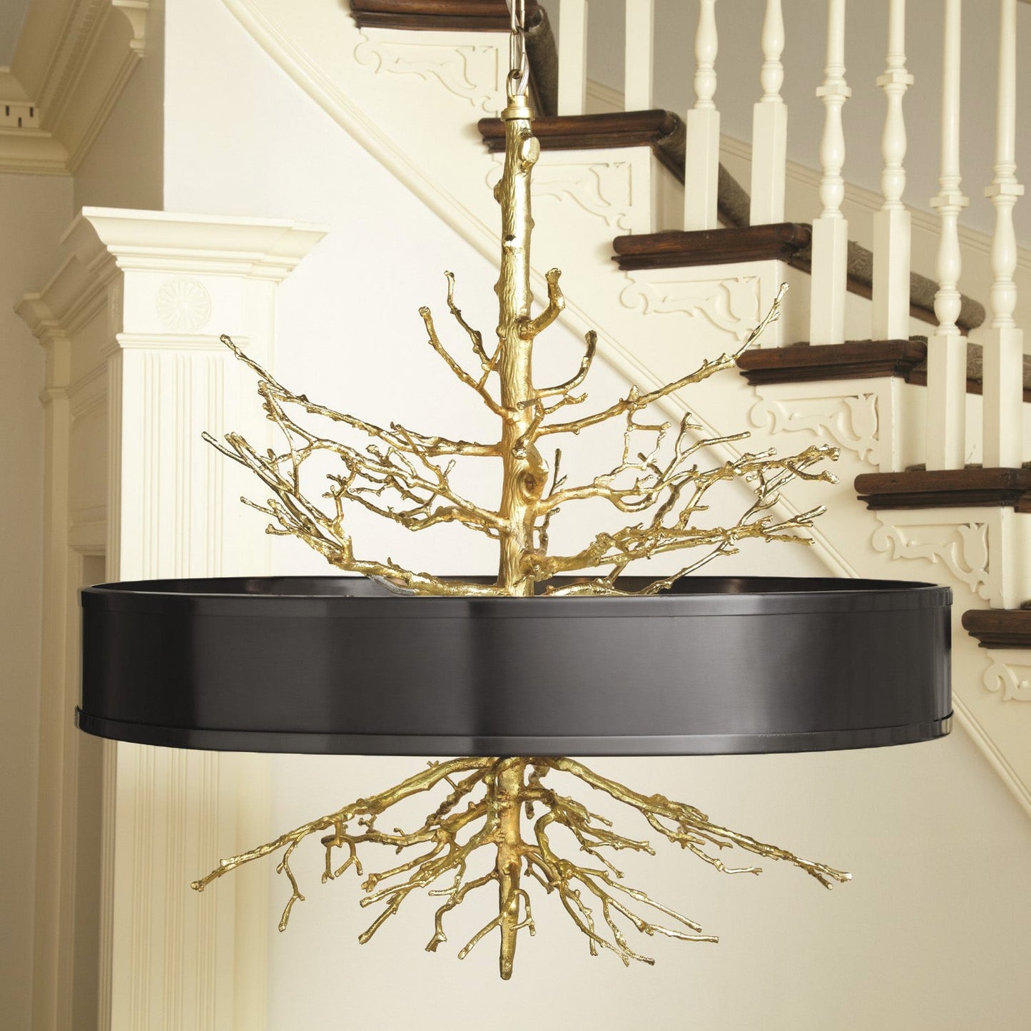 Twig Brass Chandelier - Hand-Cast Brass Tree Branch Pendant | Black Shade & Frosted Diffuser Light