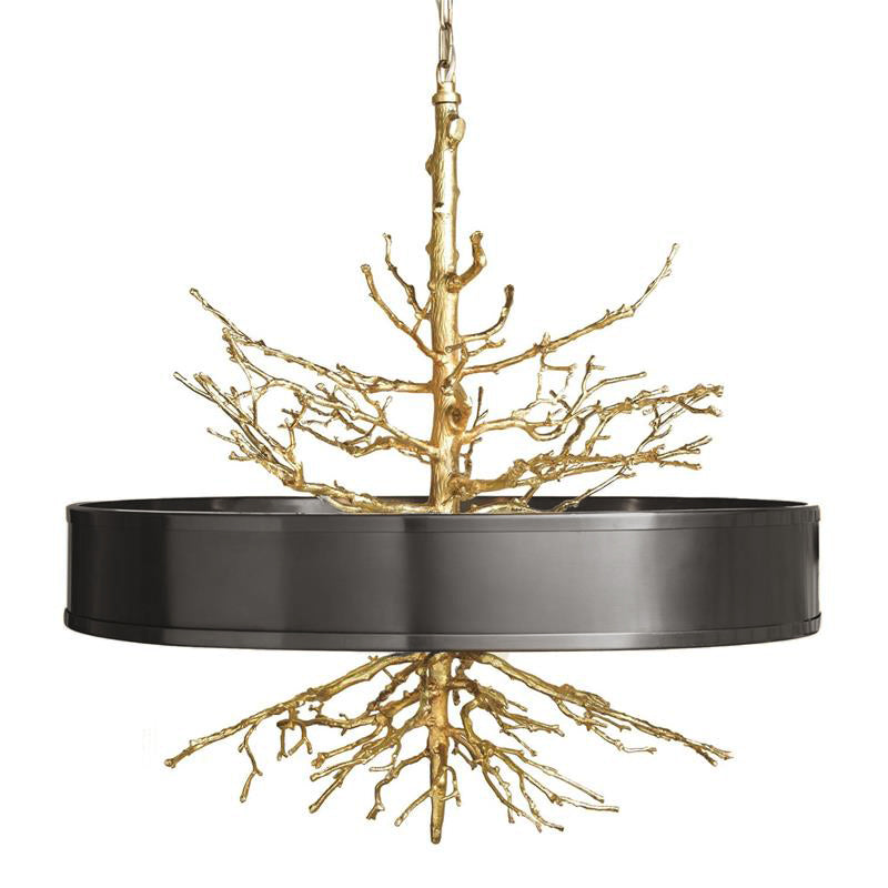 Twig Brass Chandelier - Hand-Cast Brass Tree Branch Pendant | Black Shade & Frosted Diffuser Light