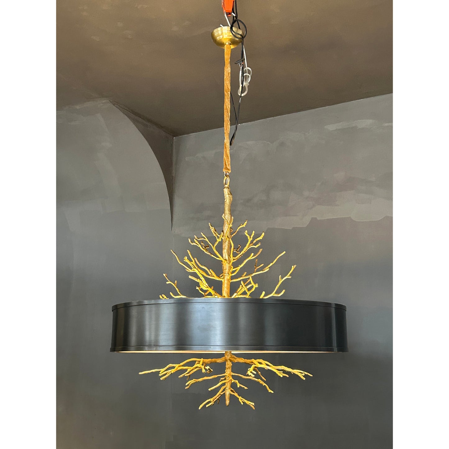 Twig Brass Chandelier - Hand-Cast Brass Tree Branch Pendant | Black Shade & Frosted Diffuser Light