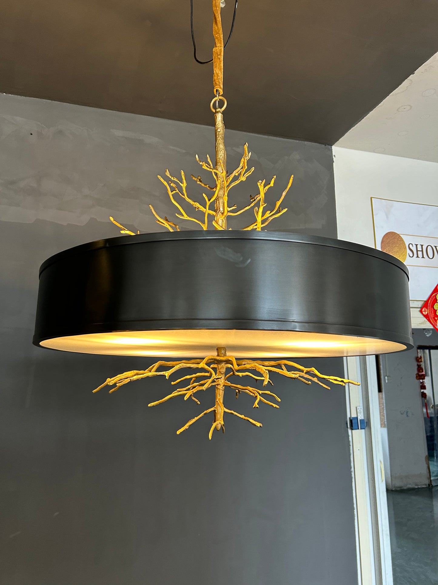 Twig Brass Chandelier - Hand-Cast Brass Tree Branch Pendant | Black Shade & Frosted Diffuser Light