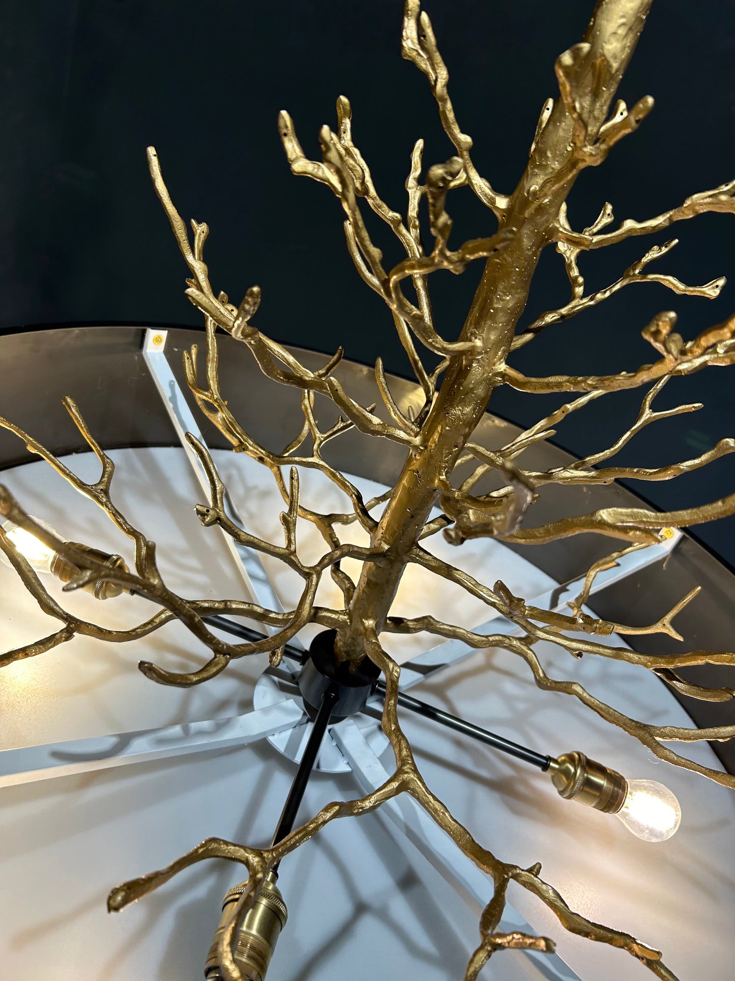 Twig Brass Chandelier - Hand-Cast Brass Tree Branch Pendant | Black Shade & Frosted Diffuser Light