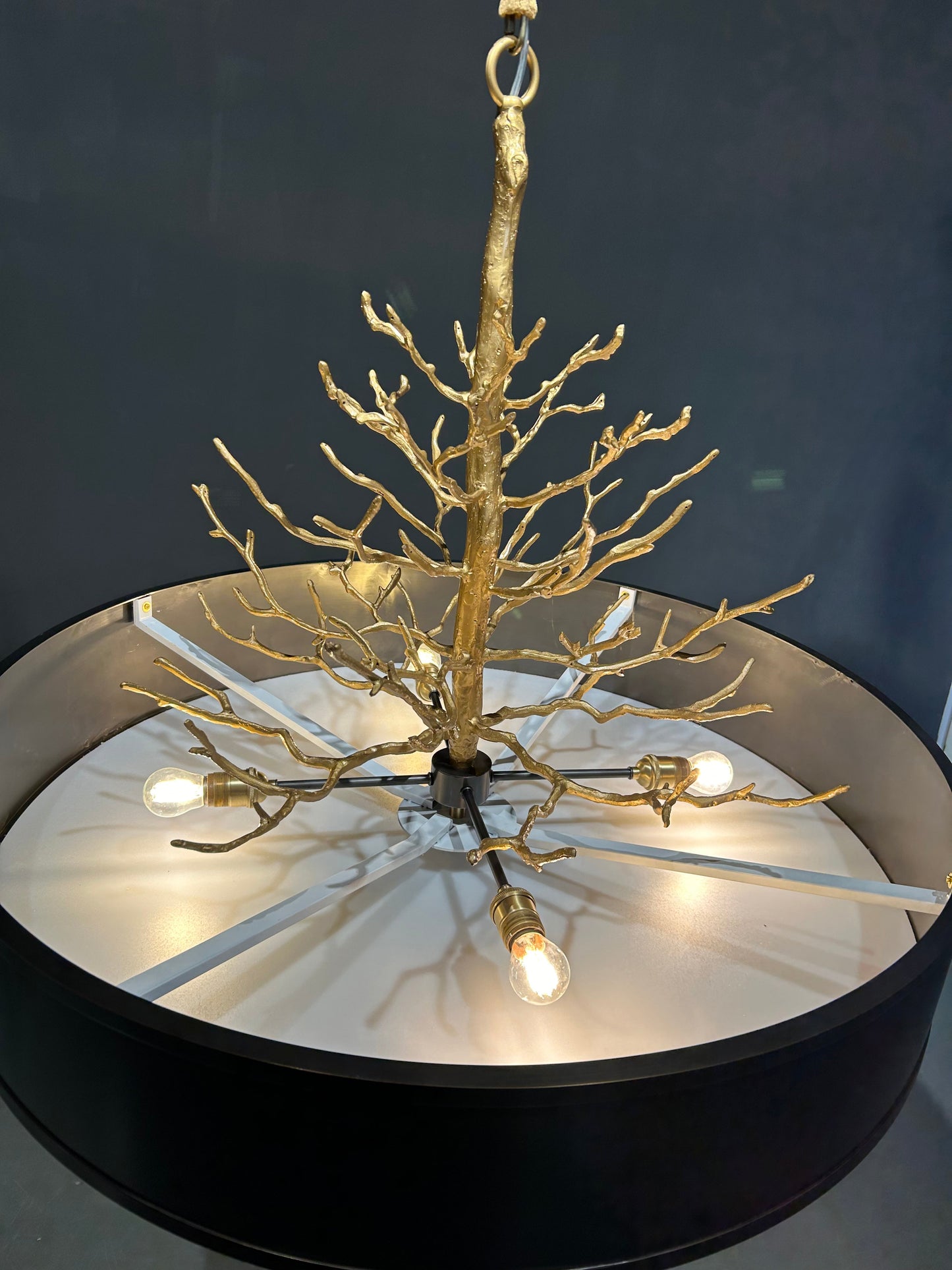 Twig Brass Chandelier - Hand-Cast Brass Tree Branch Pendant | Black Shade & Frosted Diffuser Light
