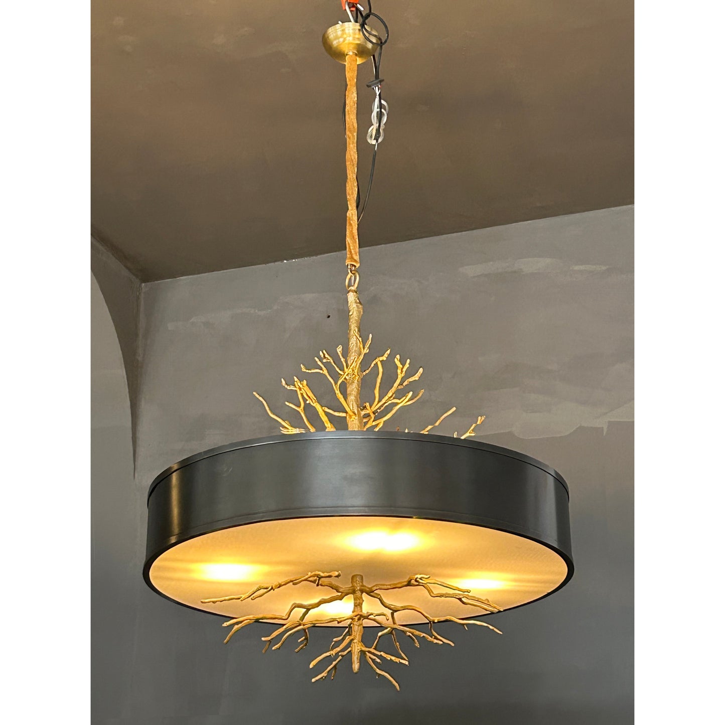 Twig Brass Chandelier - Hand-Cast Brass Tree Branch Pendant | Black Shade & Frosted Diffuser Light
