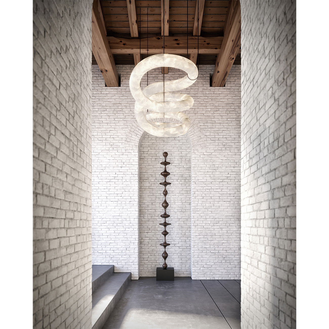 Twisted Ring Alabaster Chandelier - Dynamic Linear Helix Pendant Light | Leather Suspended Stone Chandelier