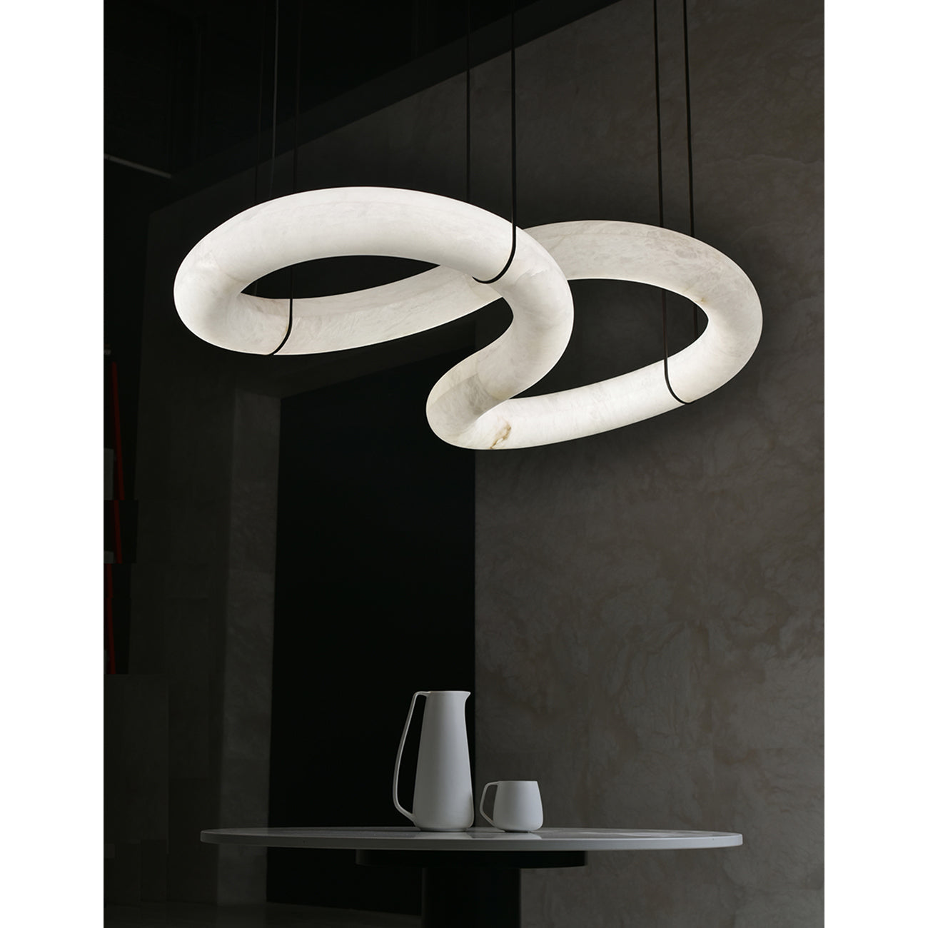 Twisted Ring Alabaster Chandelier - Dynamic Linear Helix Pendant Light | Leather Suspended Stone Chandelier