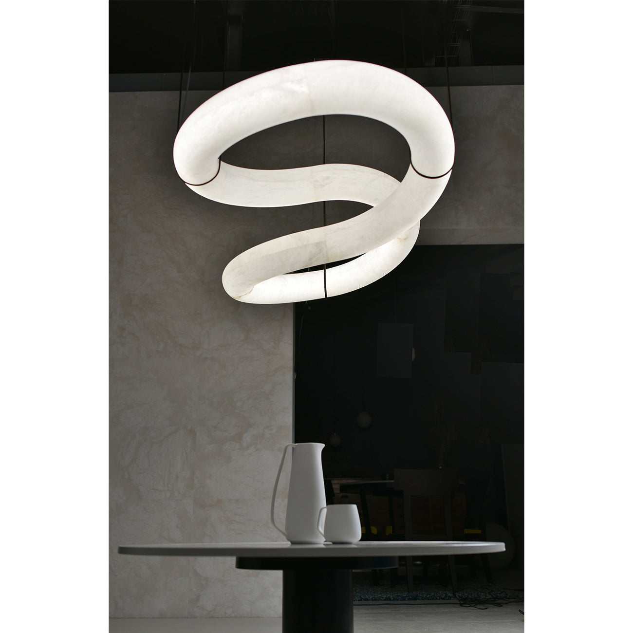 Twisted Ring Alabaster Chandelier - Dynamic Linear Helix Pendant Light | Leather Suspended Stone Chandelier