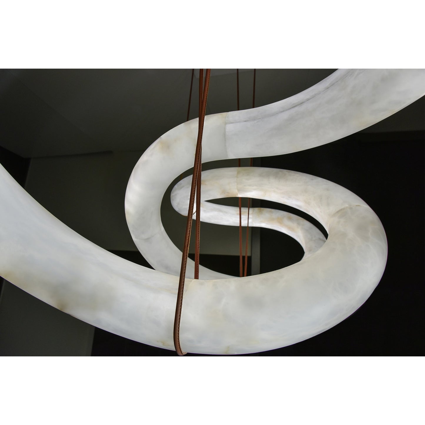 Twisted Ring Alabaster Chandelier - Dynamic Linear Helix Pendant Light | Leather Suspended Stone Chandelier