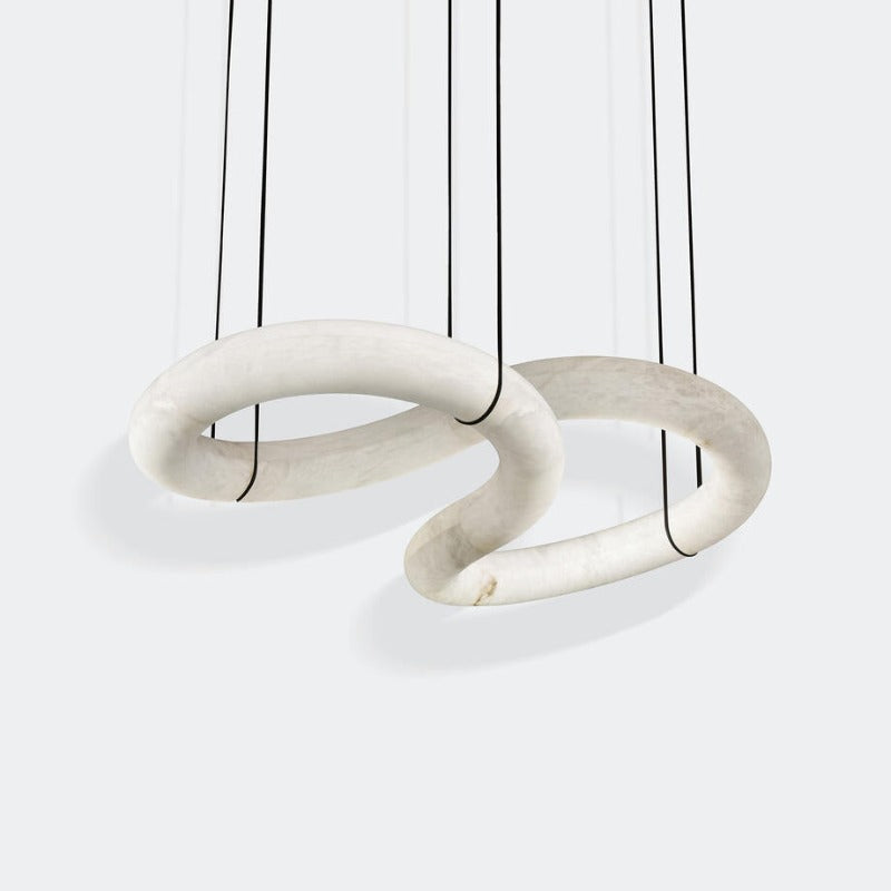 Twisted Ring Alabaster Chandelier - Dynamic Linear Helix Pendant Light | Leather Suspended Stone Chandelier