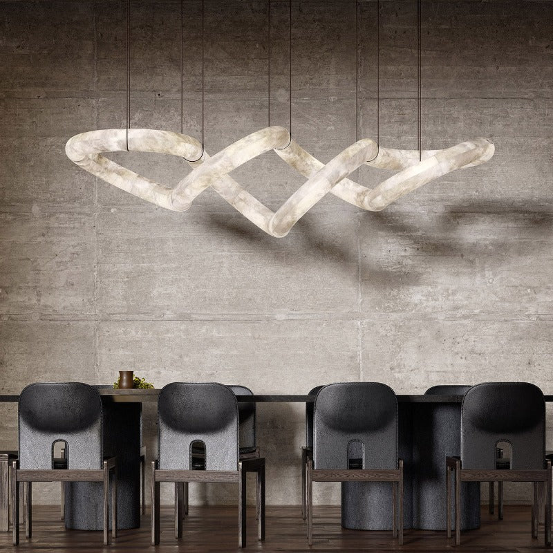 Twisted Ring Alabaster Chandelier - Dynamic Linear Helix Pendant Light | Leather Suspended Stone Chandelier