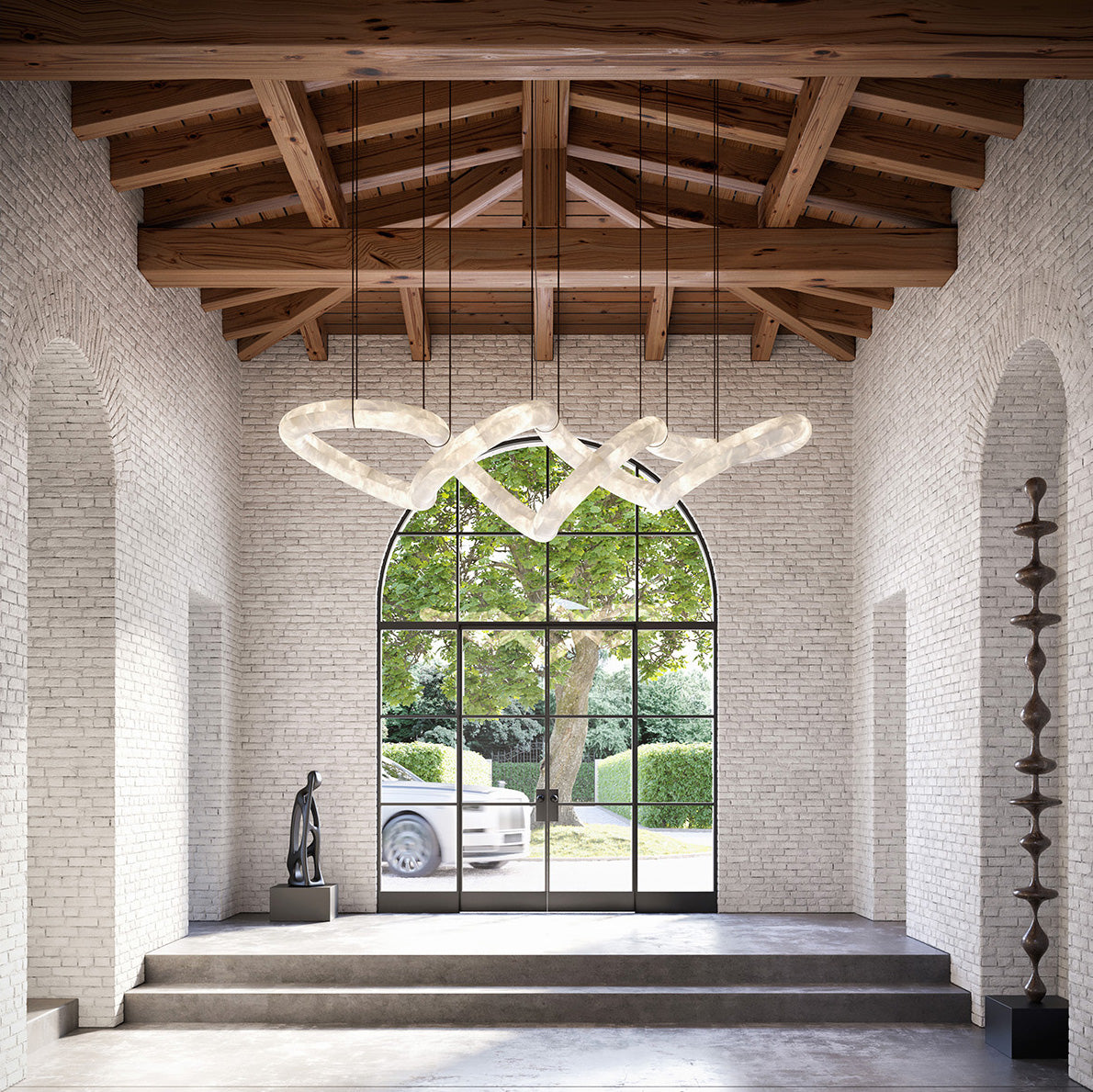 Twisted Ring Alabaster Chandelier - Dynamic Linear Helix Pendant Light | Leather Suspended Stone Chandelier