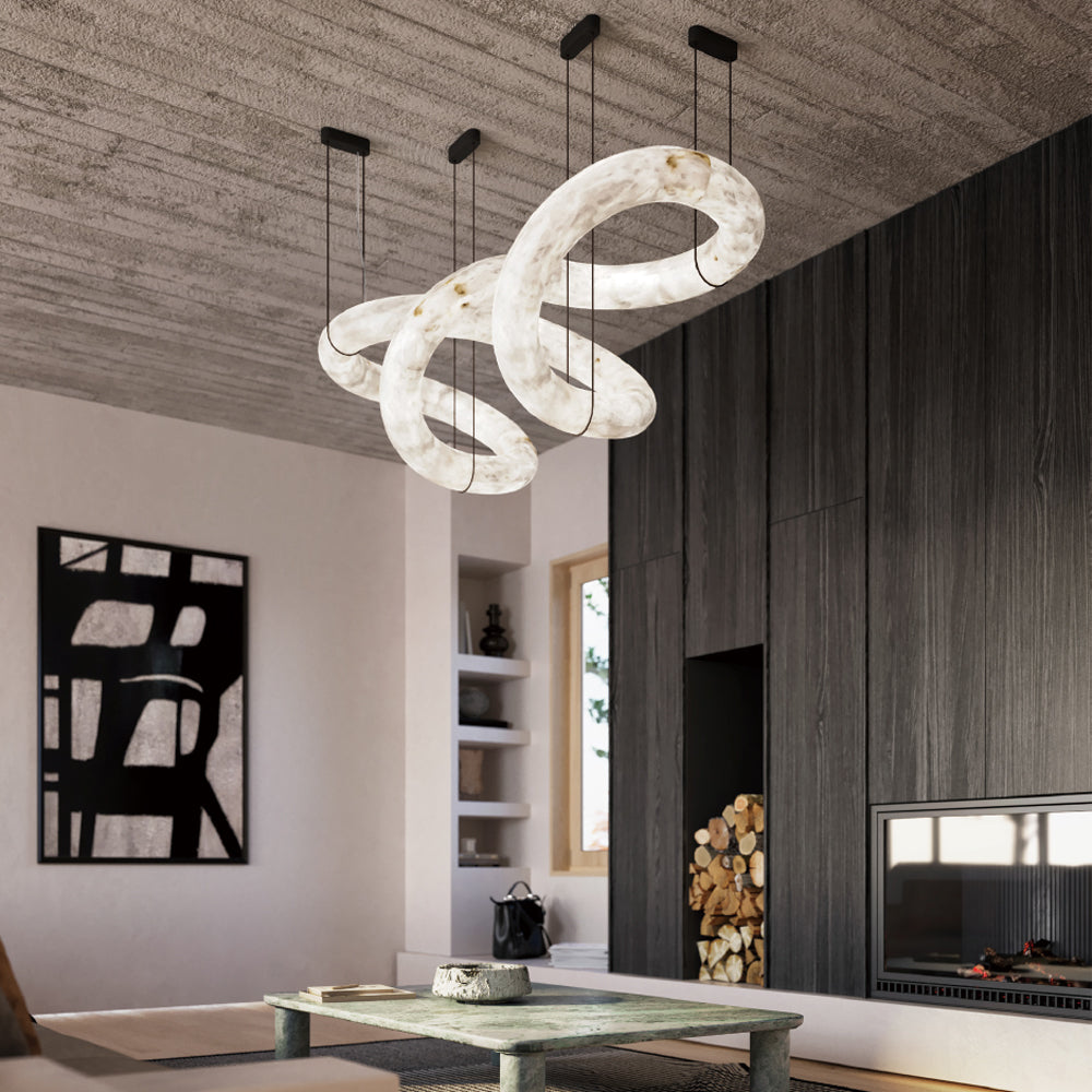 Twisted Ring Alabaster Chandelier - Dynamic Linear Helix Pendant Light | Leather Suspended Stone Chandelier