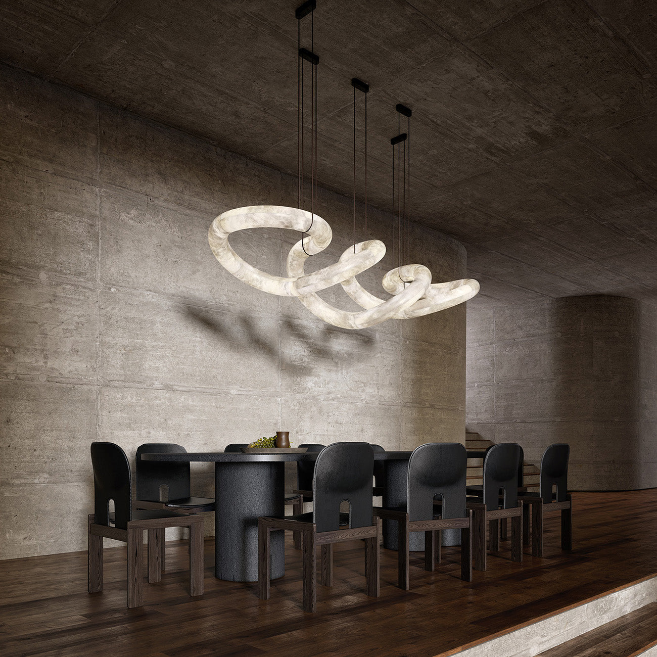 Twisted Ring Alabaster Chandelier - Dynamic Linear Helix Pendant Light | Leather Suspended Stone Chandelier