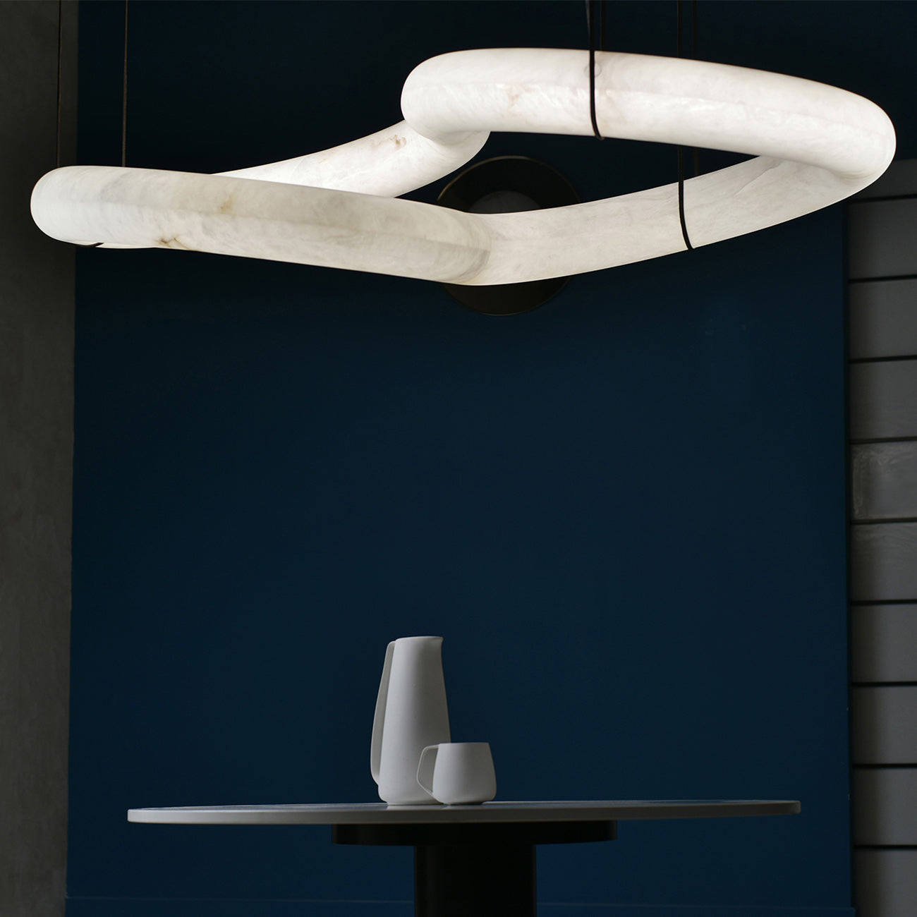 Twisted Ring Alabaster Chandelier - Dynamic Linear Helix Pendant Light | Leather Suspended Stone Chandelier