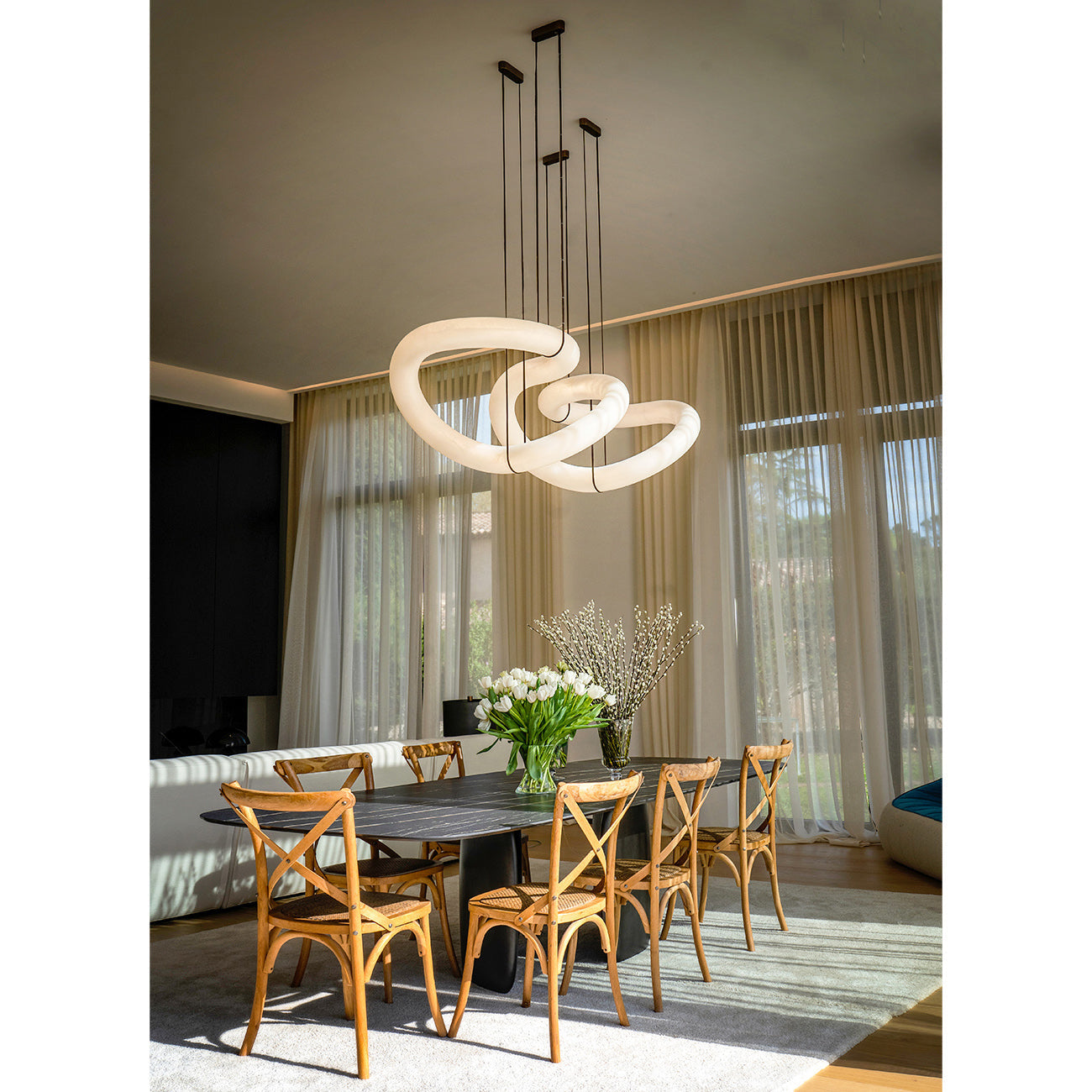 Twisted Ring Alabaster Chandelier - Dynamic Linear Helix Pendant Light | Leather Suspended Stone Chandelier