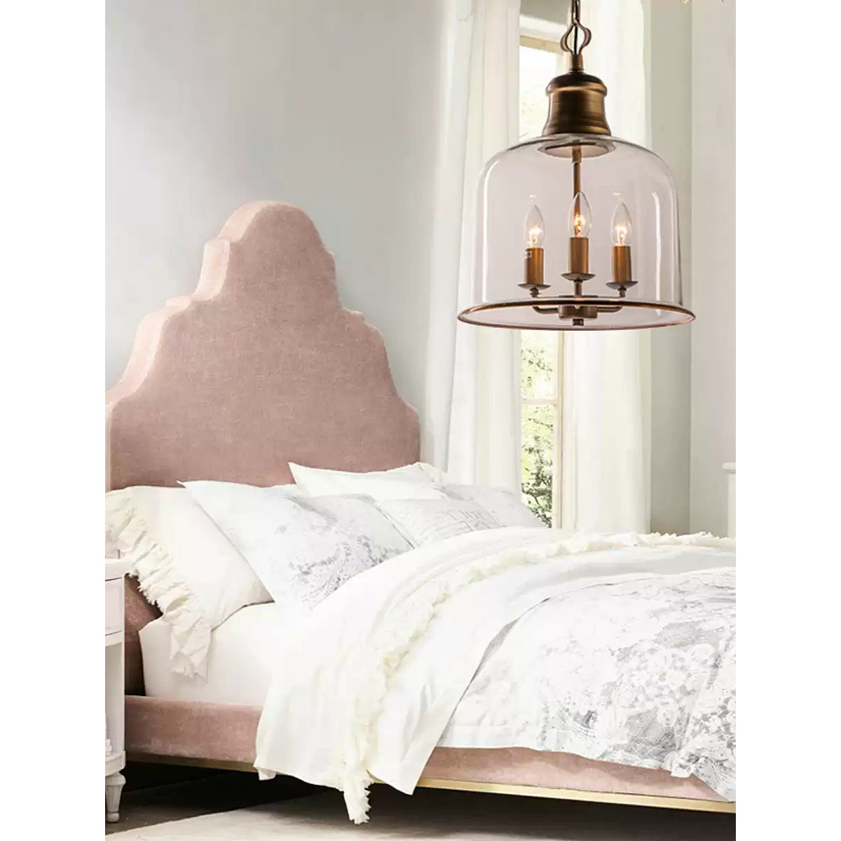Tybee Pendant Lamp - Ornate Copper Bell Glass Lantern | Vintage Hinged Ceiling Pendant Light