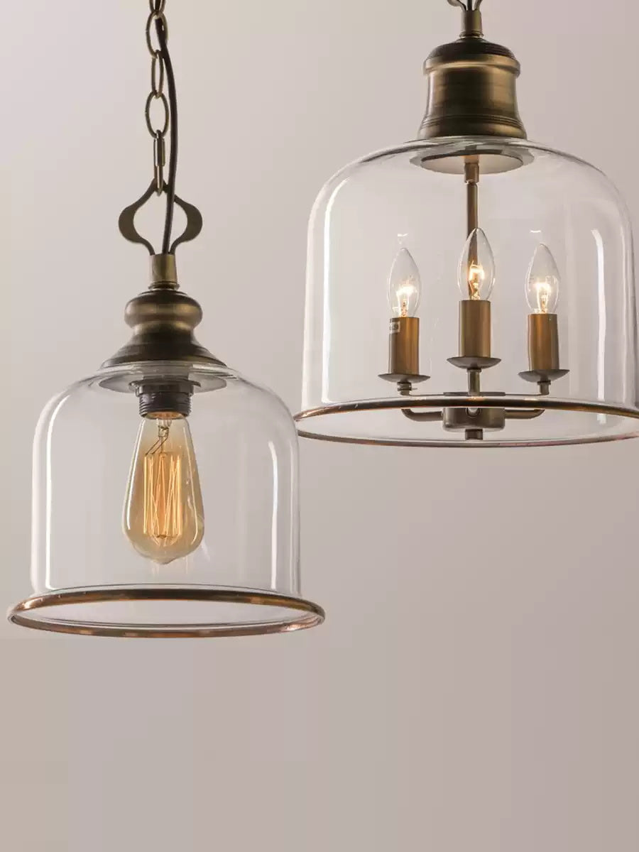 Tybee Pendant Lamp - Ornate Copper Bell Glass Lantern | Vintage Hinged Ceiling Pendant Light