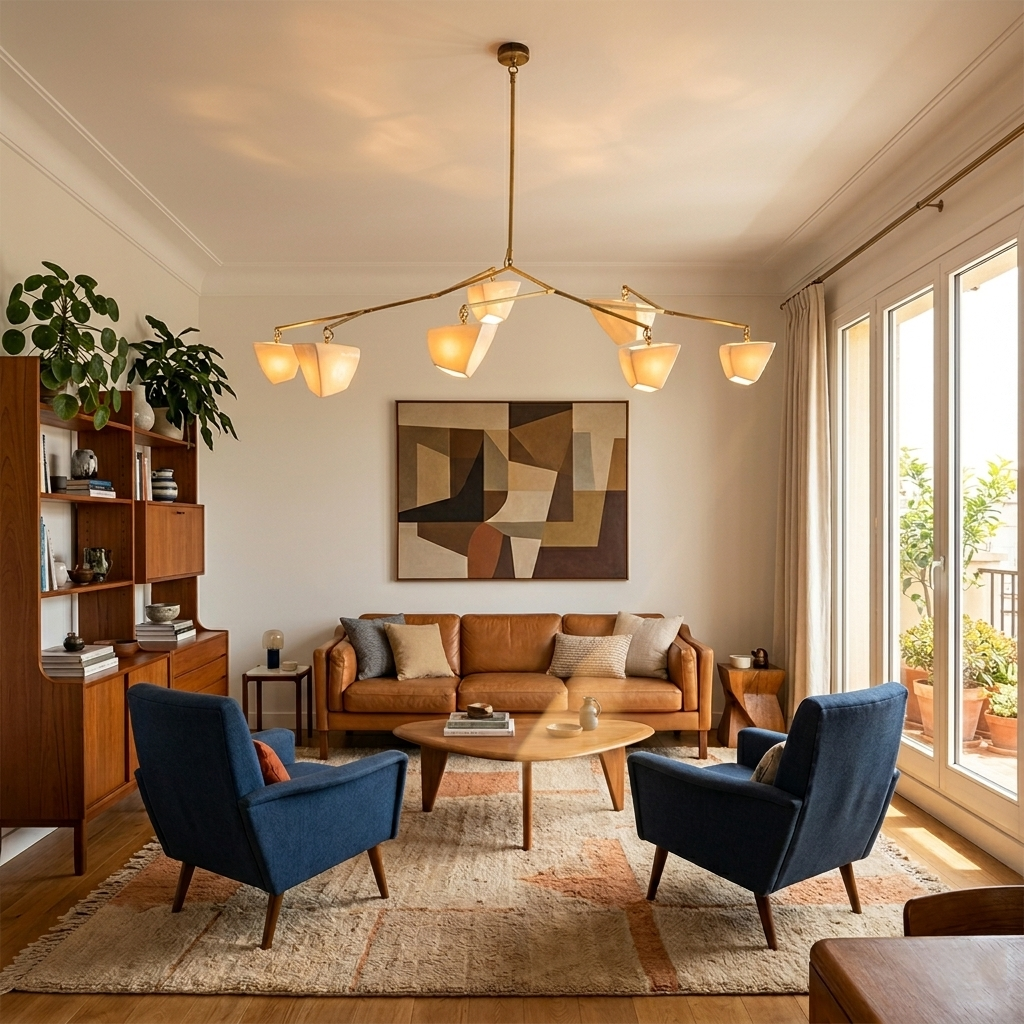 Cassiopeia Mobile Chandelier – Kinetic Sculptural Brass & Porcelain Shade Pendant