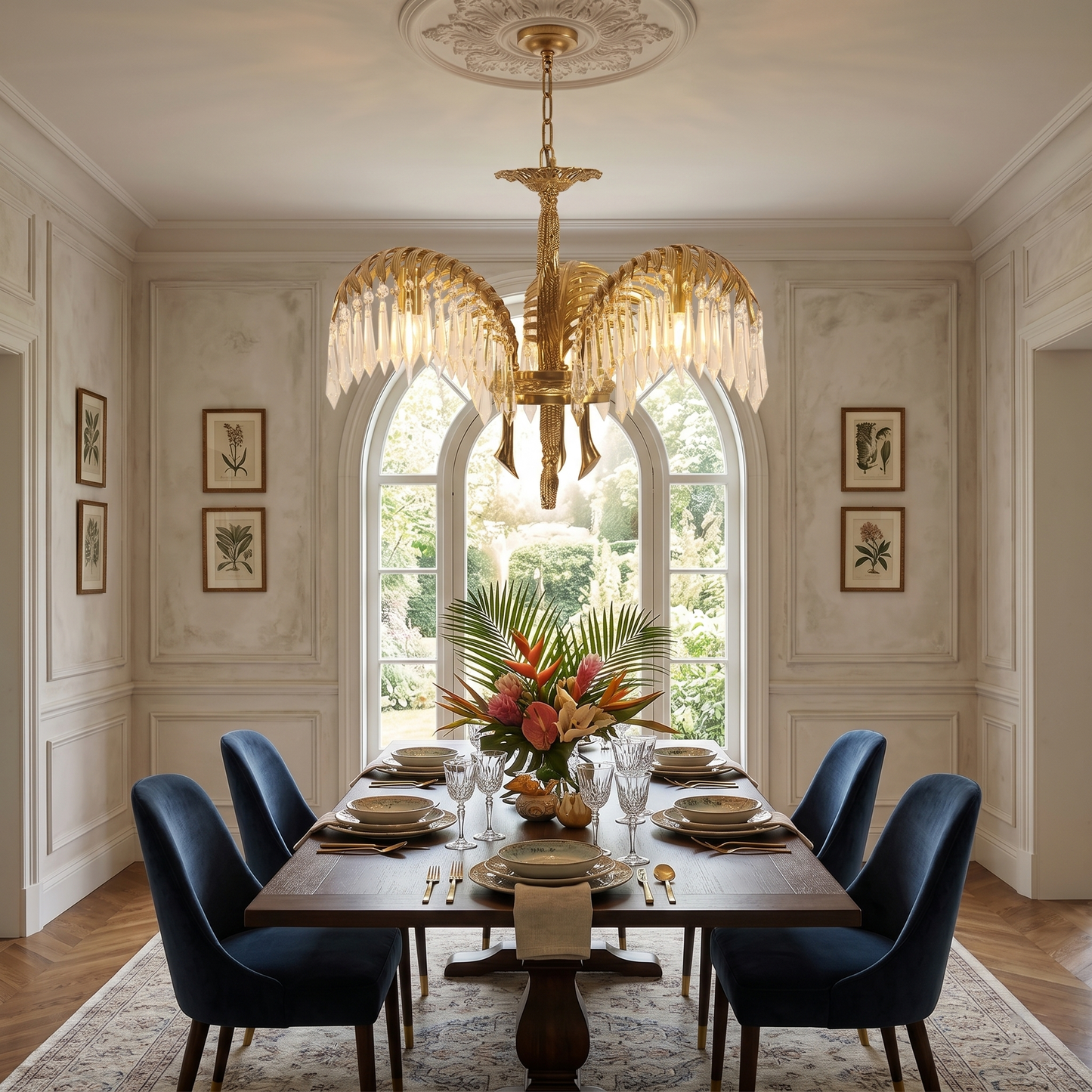 Brass Palm Leaf Crystal Chandelier - Luxury Tropical K9 Crystal Statement Light