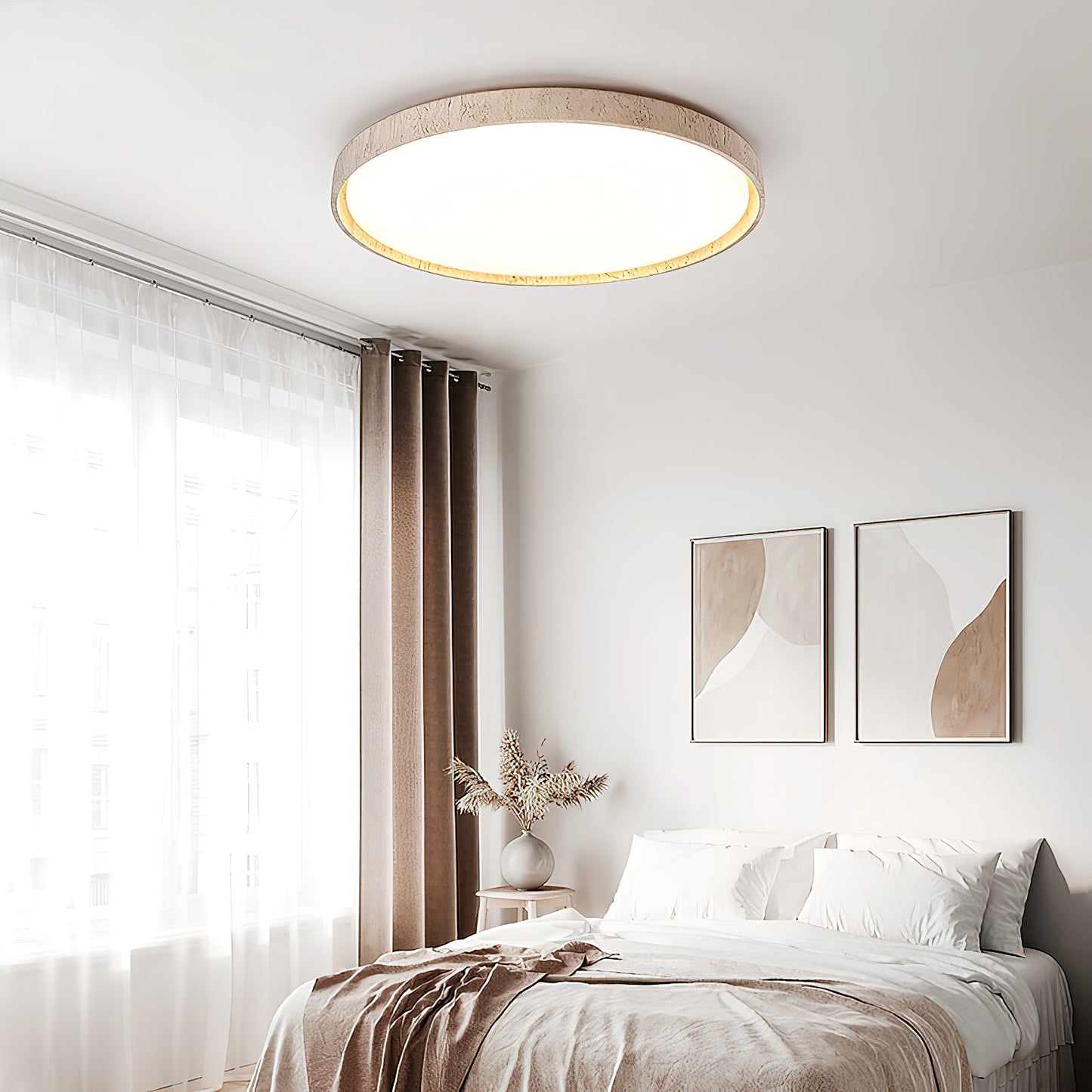 Ultra-thin Round Travertine Ceiling Lamp - Low-Profile Natural Stone Flush Mount Light | Minimalist LED Ceiling Light