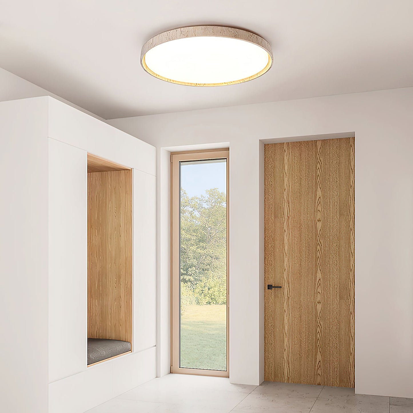 Ultra-thin Round Travertine Ceiling Lamp - Low-Profile Natural Stone Flush Mount Light | Minimalist LED Ceiling Light