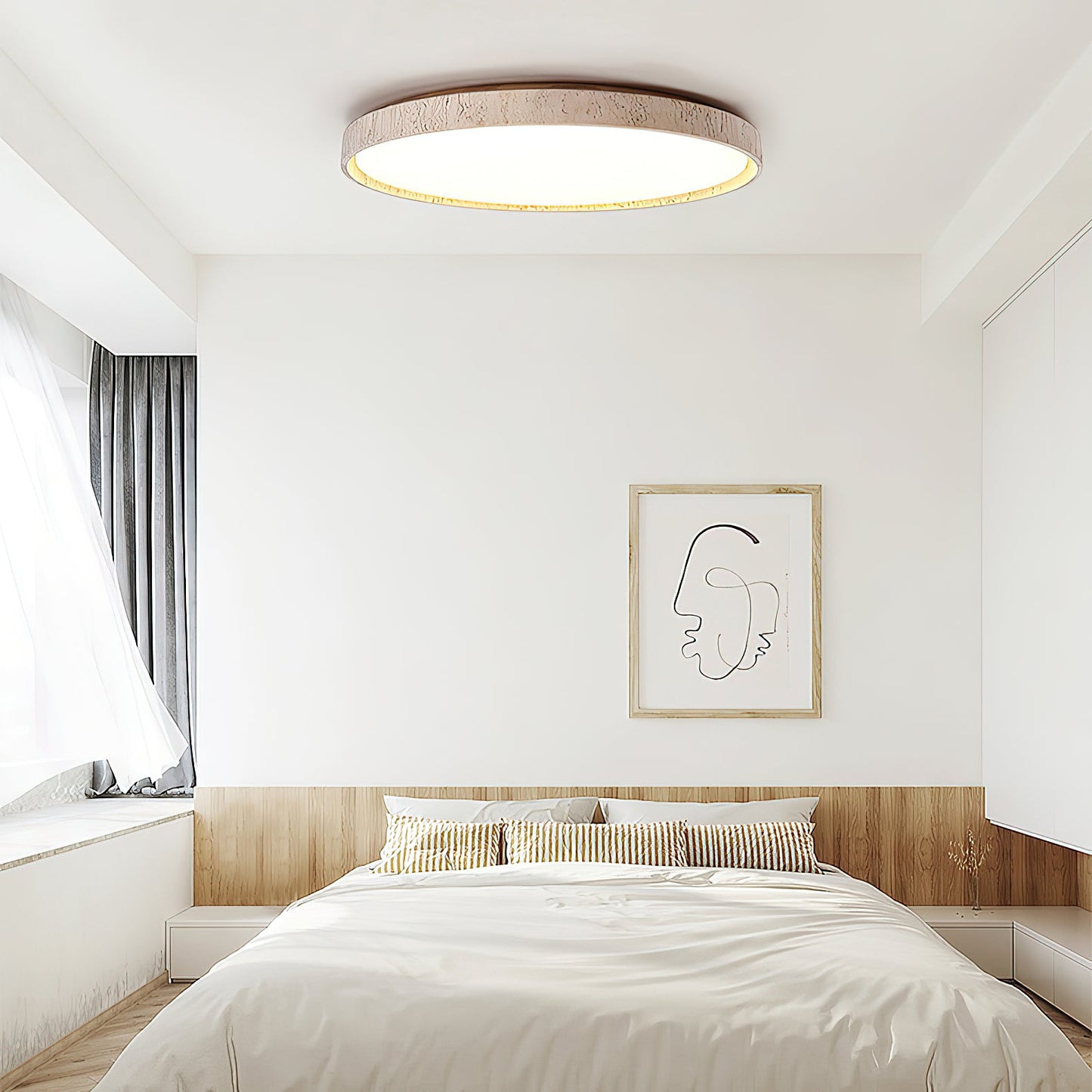 Ultra-thin Round Travertine Ceiling Lamp - Low-Profile Natural Stone Flush Mount Light | Minimalist LED Ceiling Light