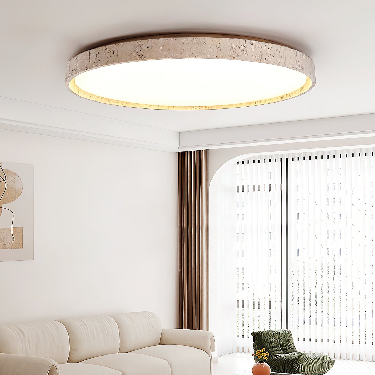 Ultra-thin Round Travertine Ceiling Lamp - Low-Profile Natural Stone Flush Mount Light | Minimalist LED Ceiling Light