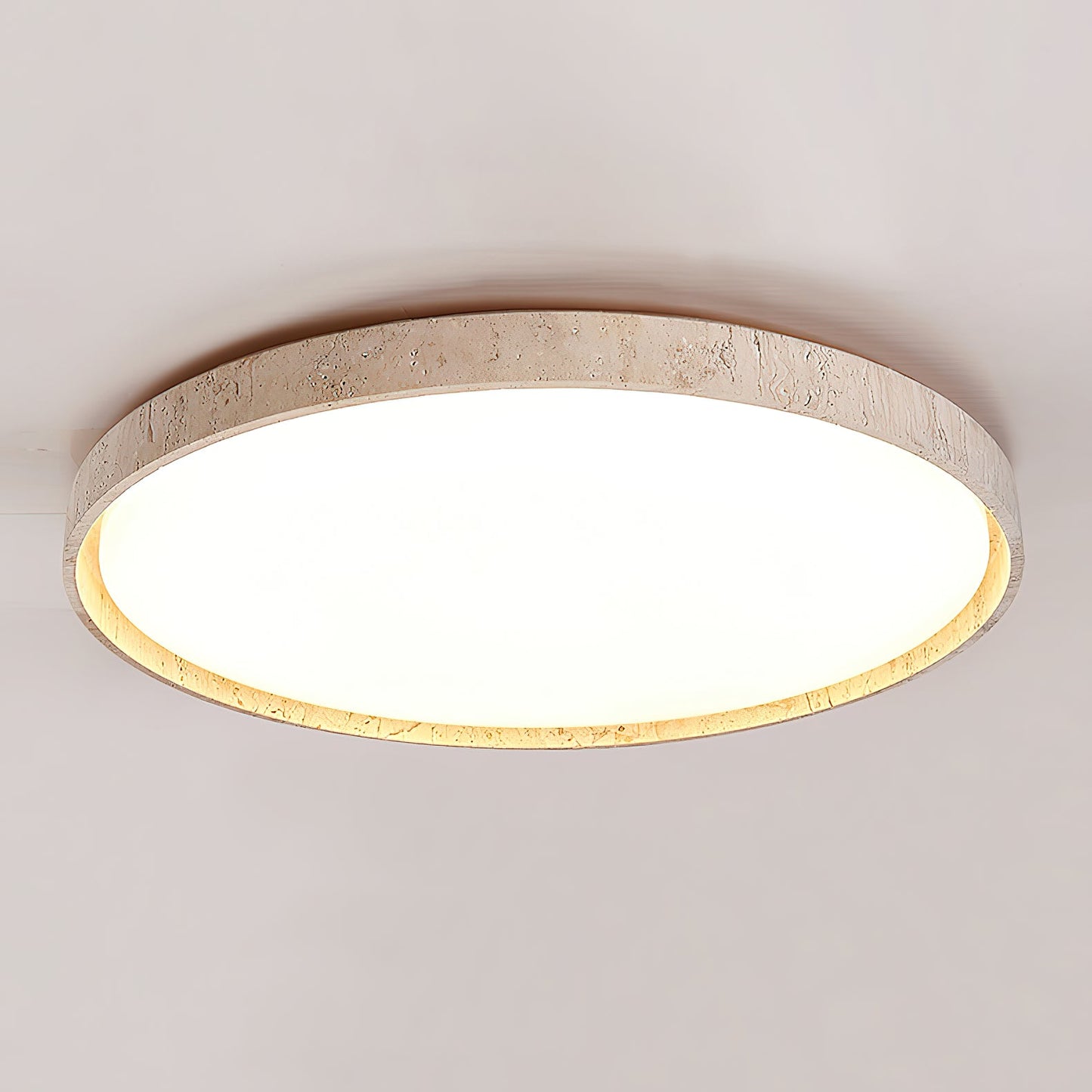 Ultra-thin Round Travertine Ceiling Lamp - Low-Profile Natural Stone Flush Mount Light | Minimalist LED Ceiling Light