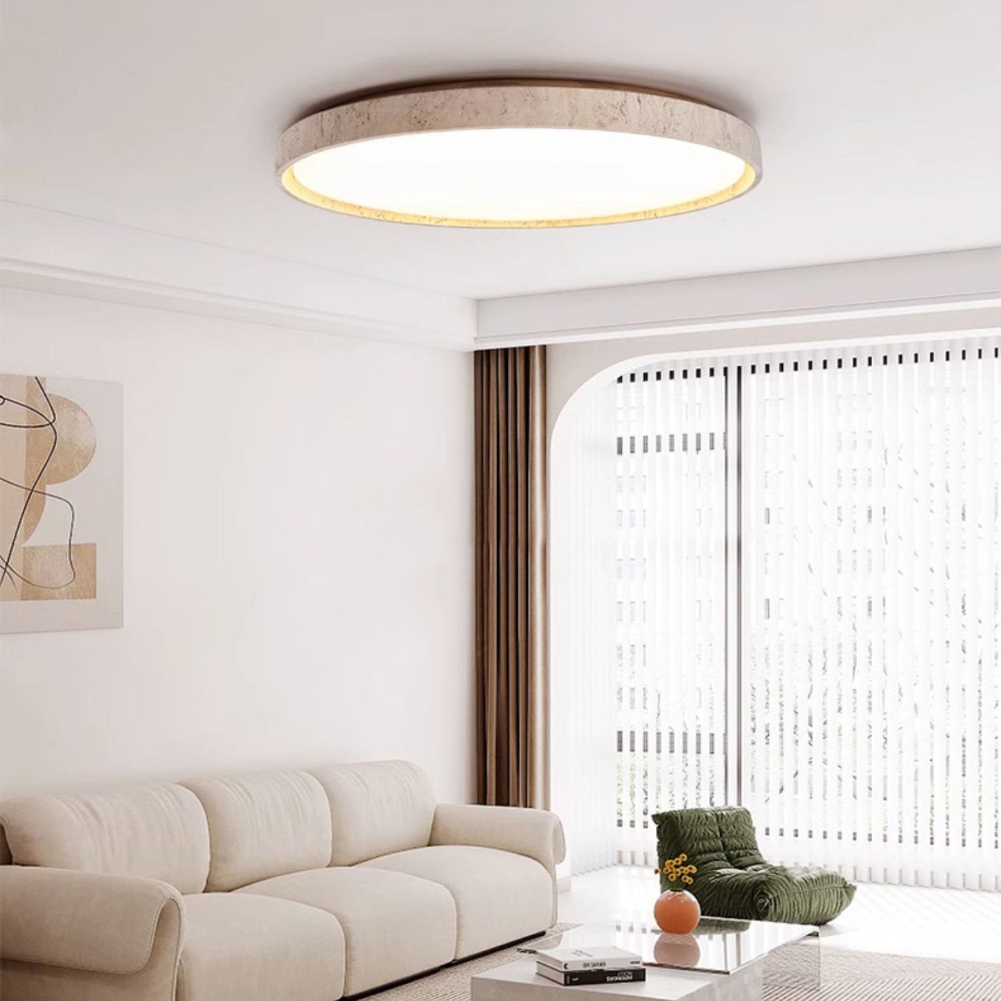 Ultra-thin Round Travertine Ceiling Lamp - Low-Profile Natural Stone Flush Mount Light | Minimalist LED Ceiling Light