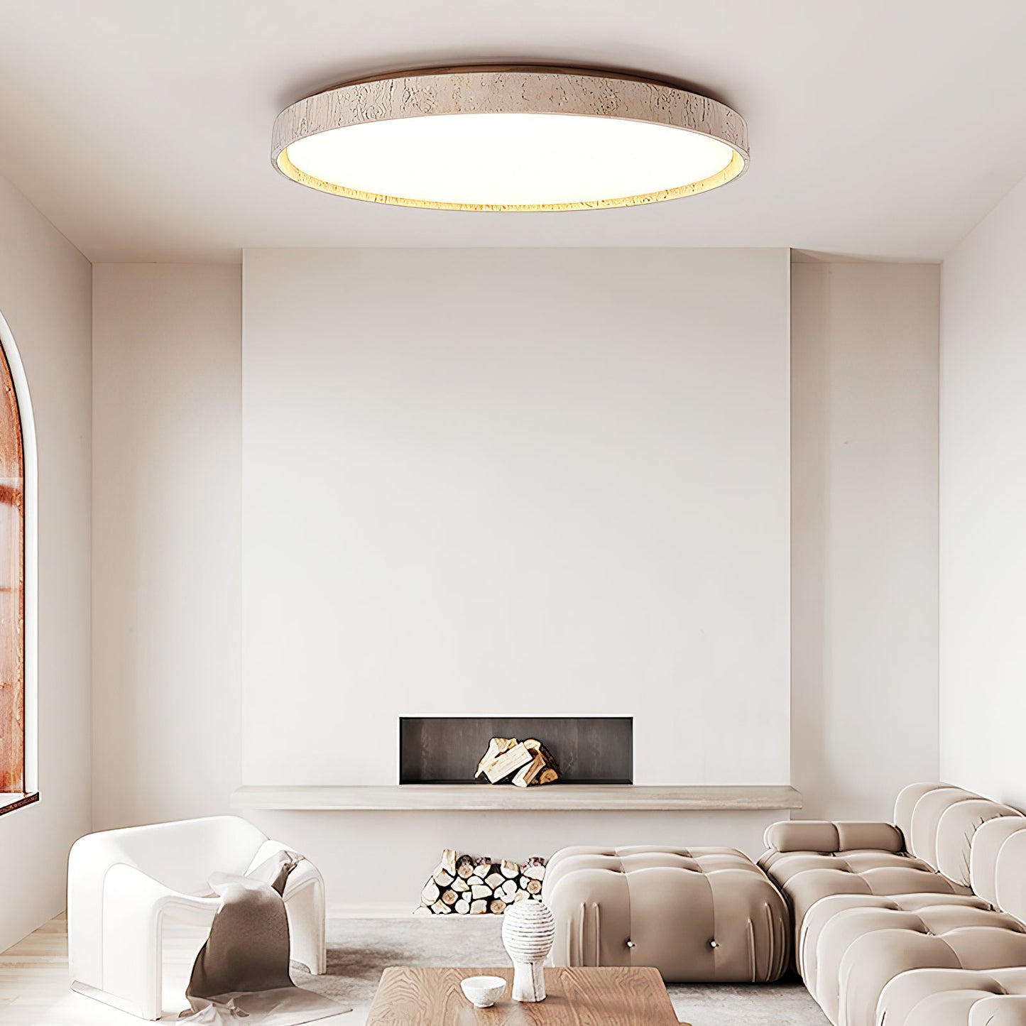 Ultra-thin Round Travertine Ceiling Lamp - Low-Profile Natural Stone Flush Mount Light | Minimalist LED Ceiling Light