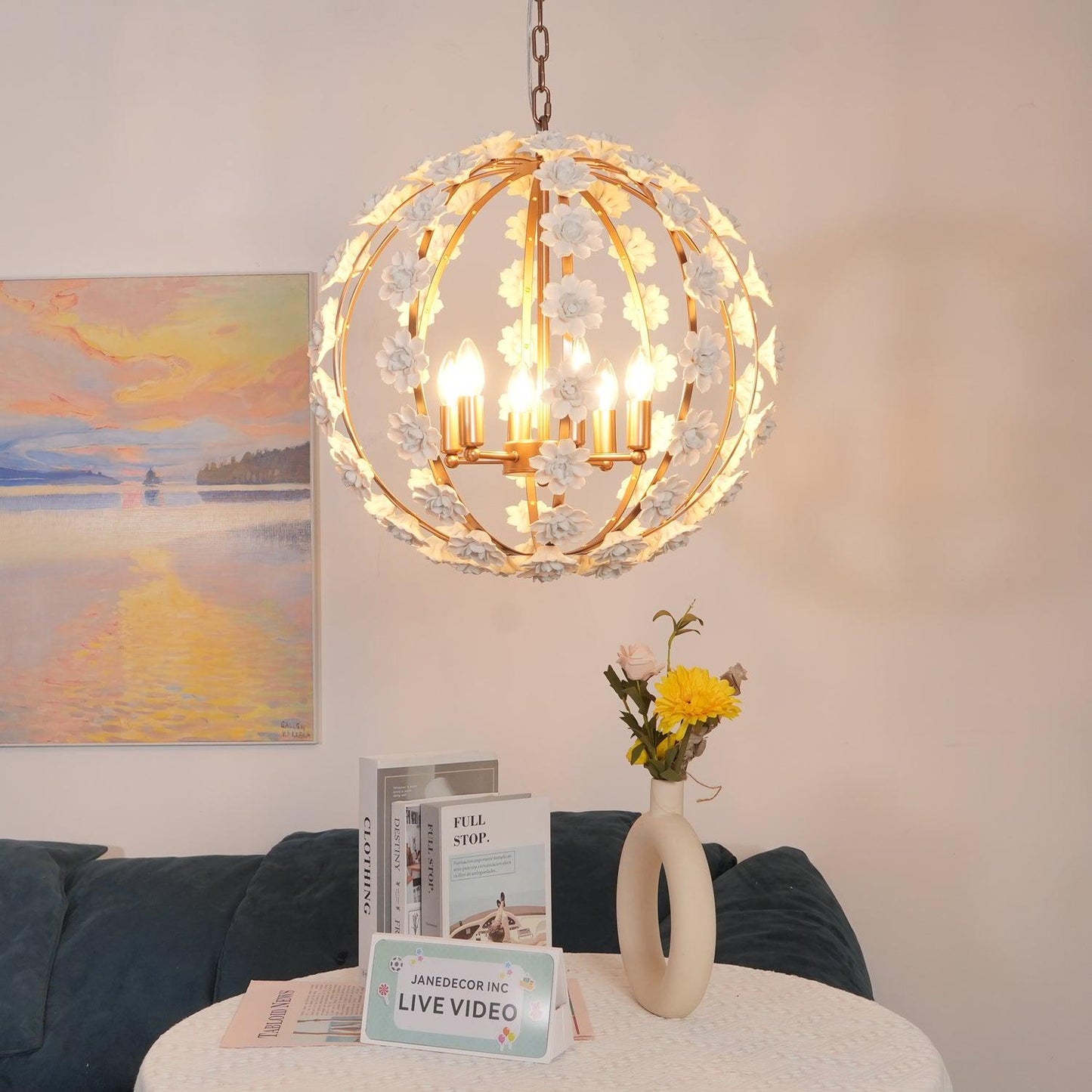 Uolfin Globe Chandelier - Hand-Crafted Ceramic Petal Pendant Light | French Country Gold Caged Sconce