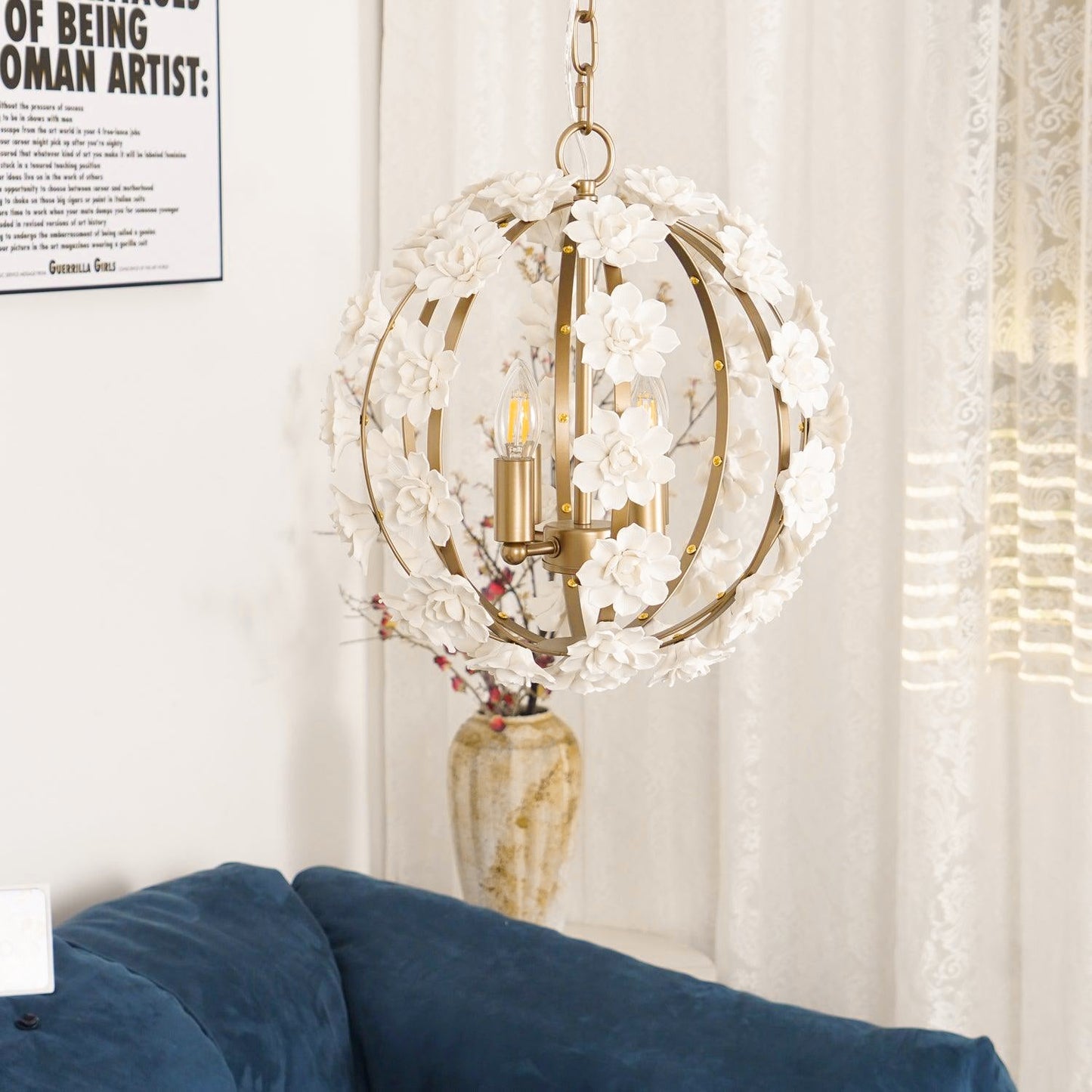 Uolfin Globe Chandelier - Hand-Crafted Ceramic Petal Pendant Light | French Country Gold Caged Sconce