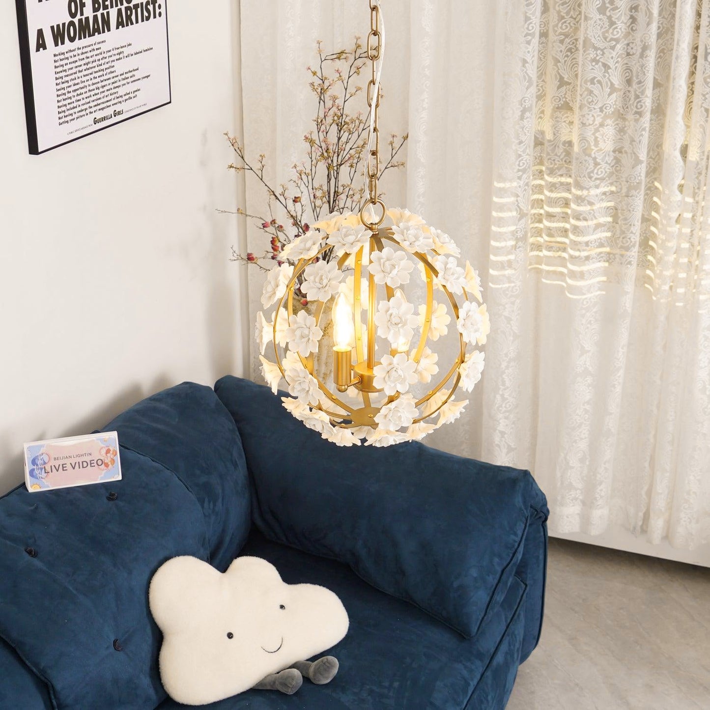 Uolfin Globe Chandelier - Hand-Crafted Ceramic Petal Pendant Light | French Country Gold Caged Sconce