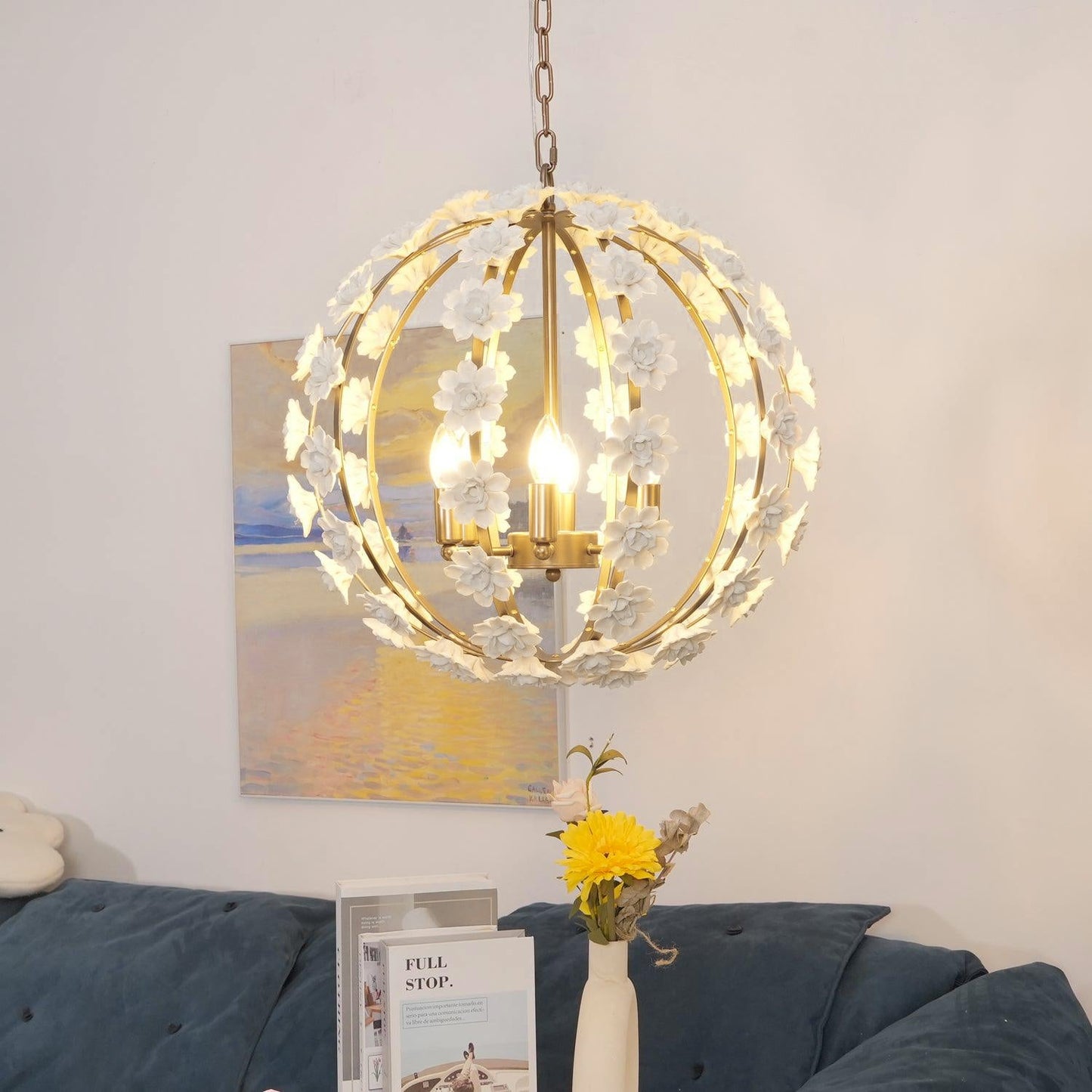 Uolfin Globe Chandelier - Hand-Crafted Ceramic Petal Pendant Light | French Country Gold Caged Sconce