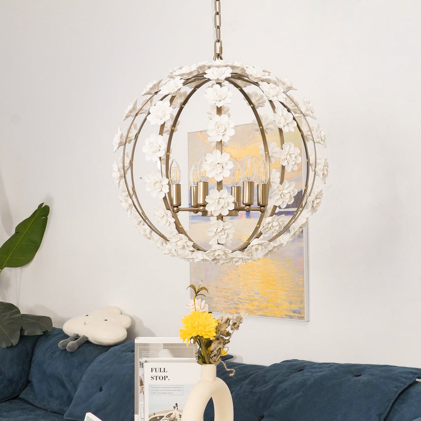 Uolfin Globe Chandelier - Hand-Crafted Ceramic Petal Pendant Light | French Country Gold Caged Sconce