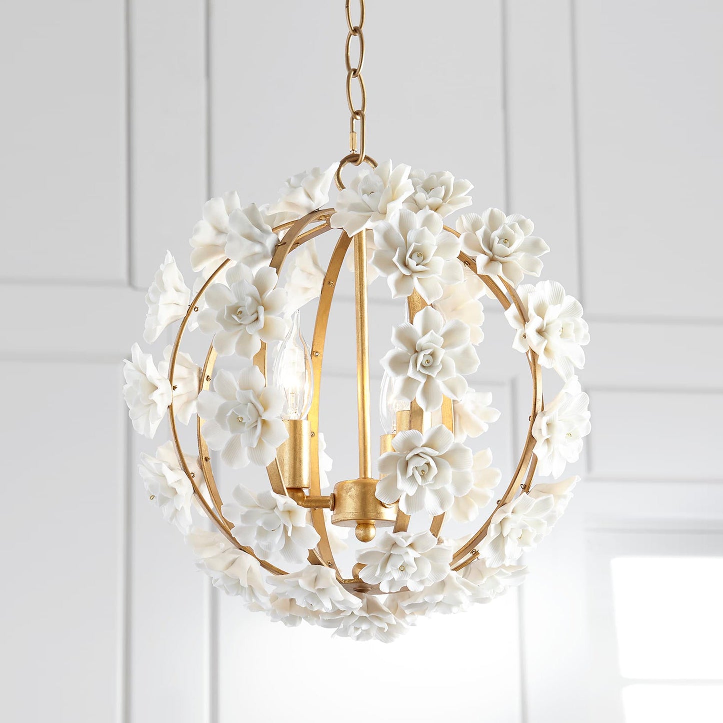 Uolfin Globe Chandelier - Hand-Crafted Ceramic Petal Pendant Light | French Country Gold Caged Sconce