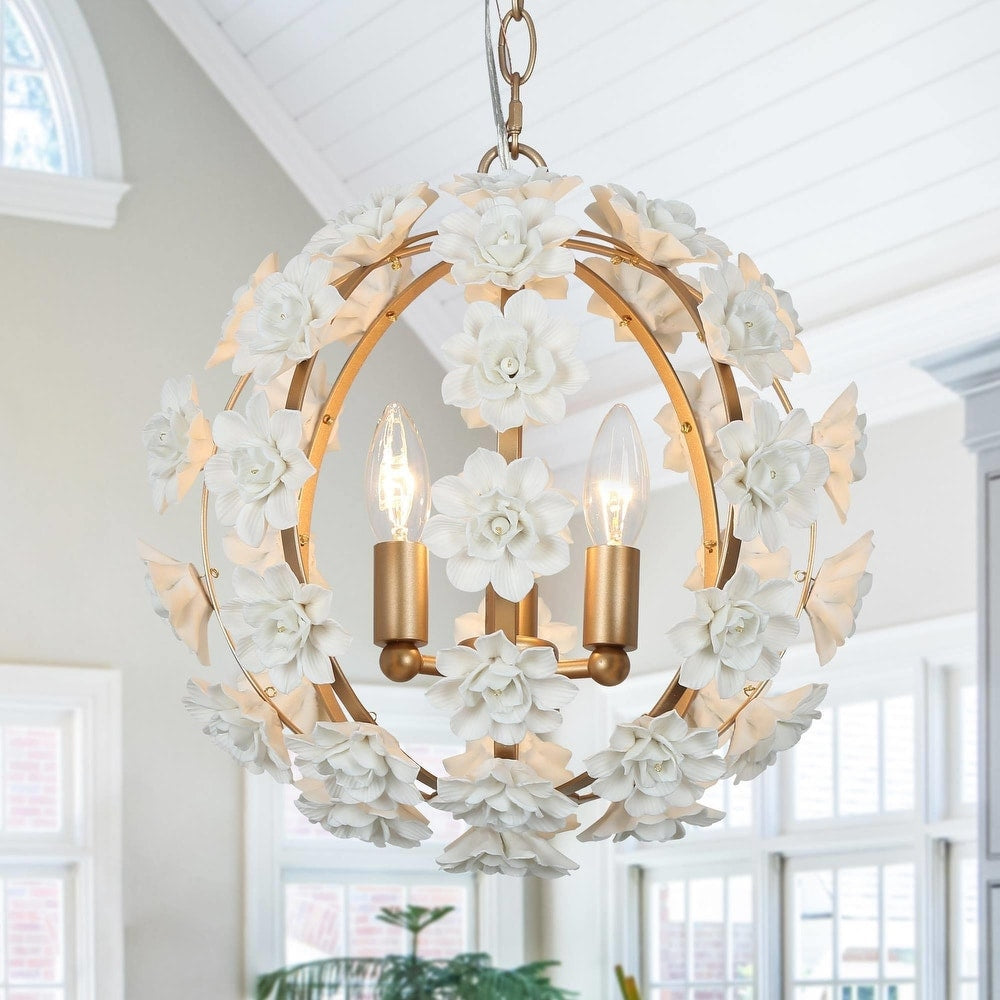 Uolfin Globe Chandelier - Hand-Crafted Ceramic Petal Pendant Light | French Country Gold Caged Sconce