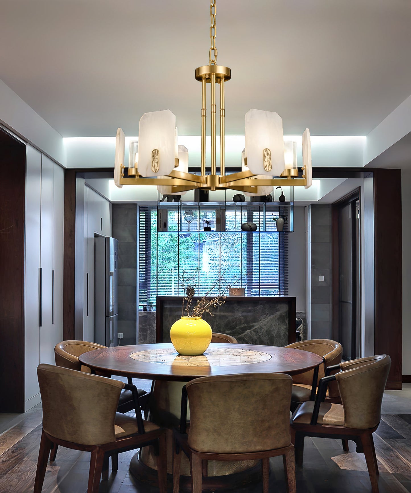 Upton Alabaster Chandelier - 1940s French Mid-Century Brass & Hand-Cut Alabaster Light | Multi-Tiered Pendant
