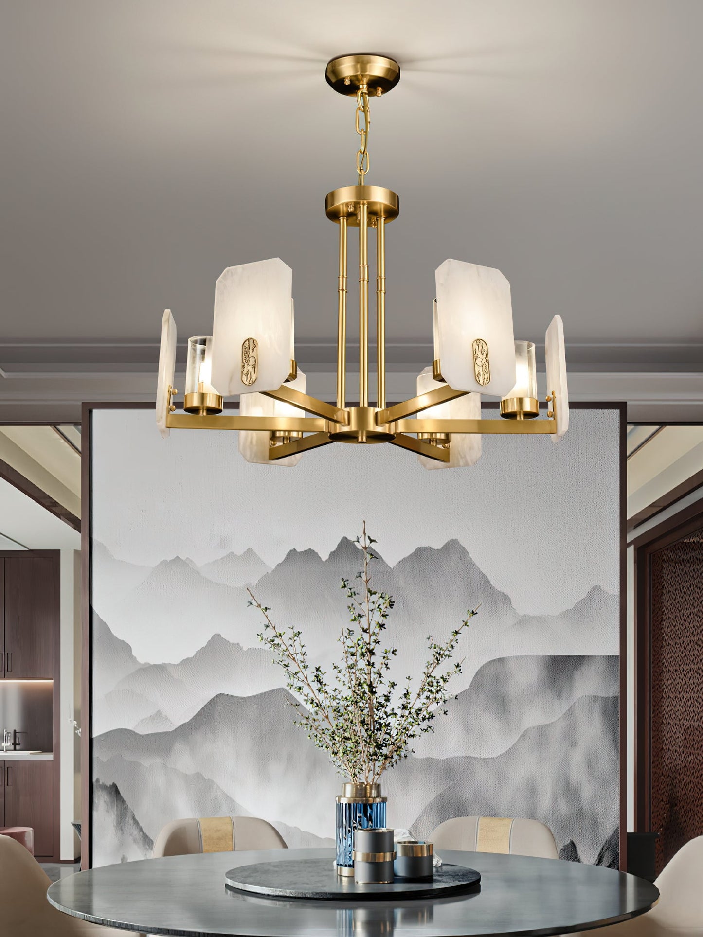 Upton Alabaster Chandelier - 1940s French Mid-Century Brass & Hand-Cut Alabaster Light | Multi-Tiered Pendant