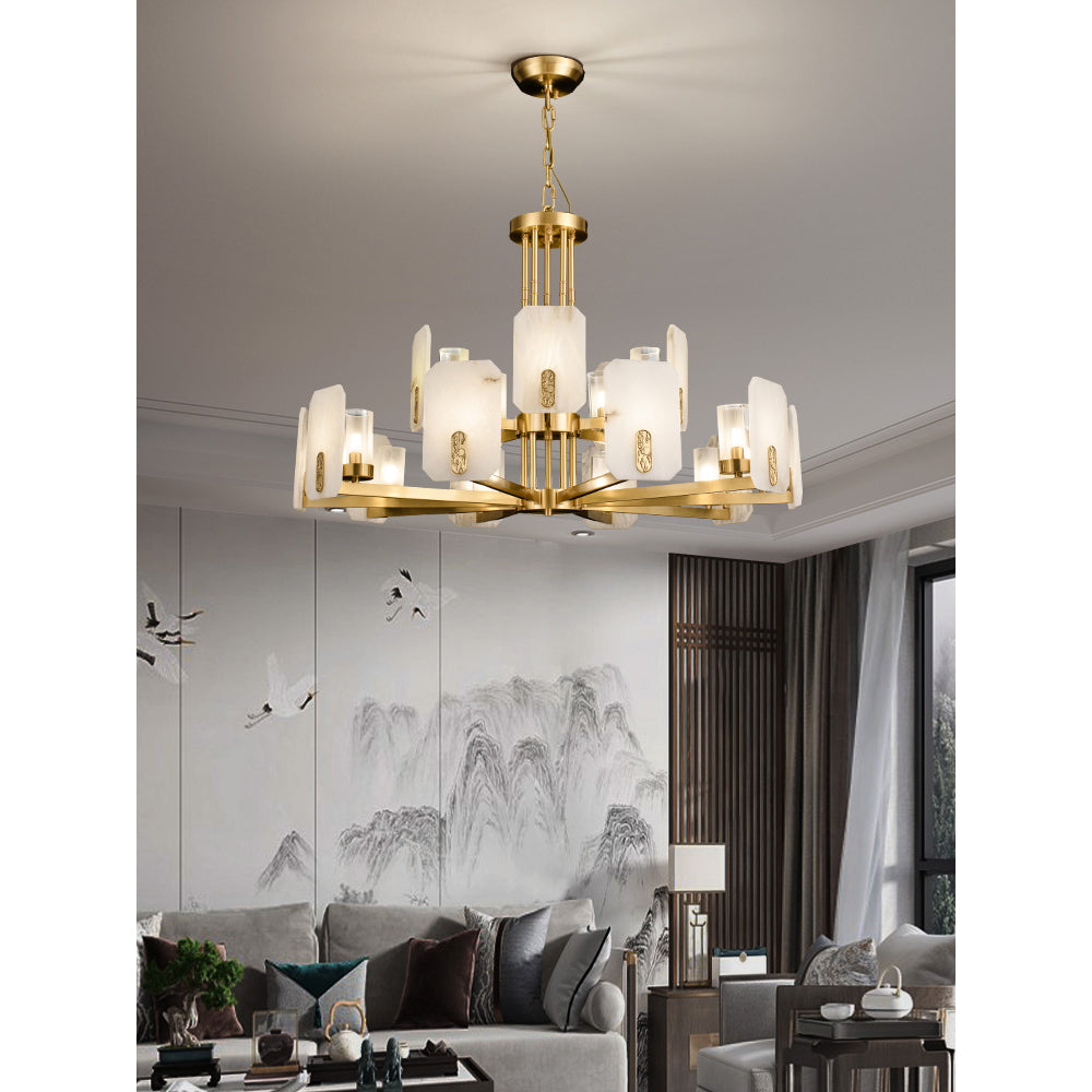 Upton Alabaster Chandelier - 1940s French Mid-Century Brass & Hand-Cut Alabaster Light | Multi-Tiered Pendant