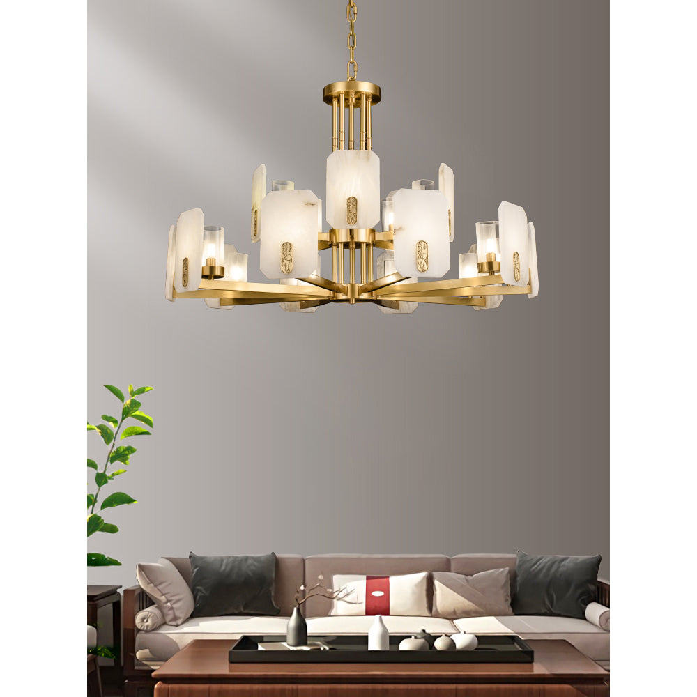 Upton Alabaster Chandelier - 1940s French Mid-Century Brass & Hand-Cut Alabaster Light | Multi-Tiered Pendant