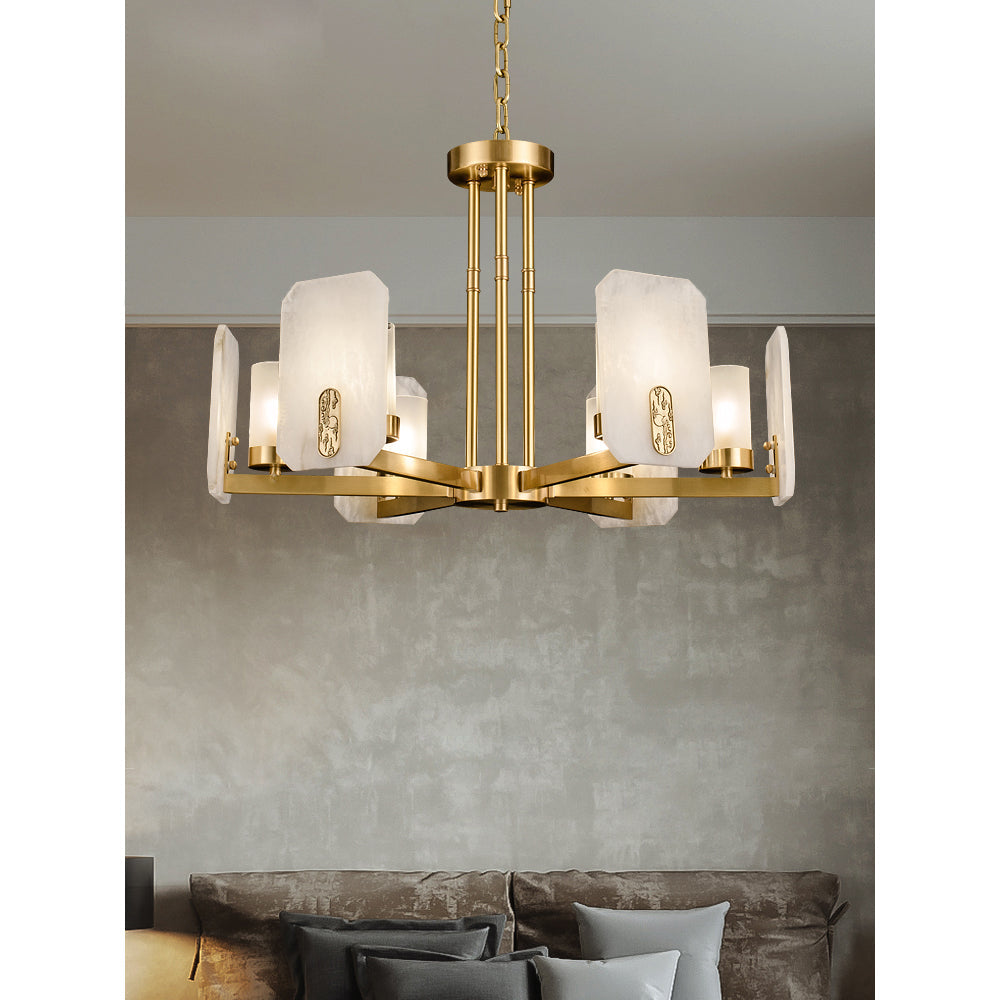 Upton Alabaster Chandelier - 1940s French Mid-Century Brass & Hand-Cut Alabaster Light | Multi-Tiered Pendant