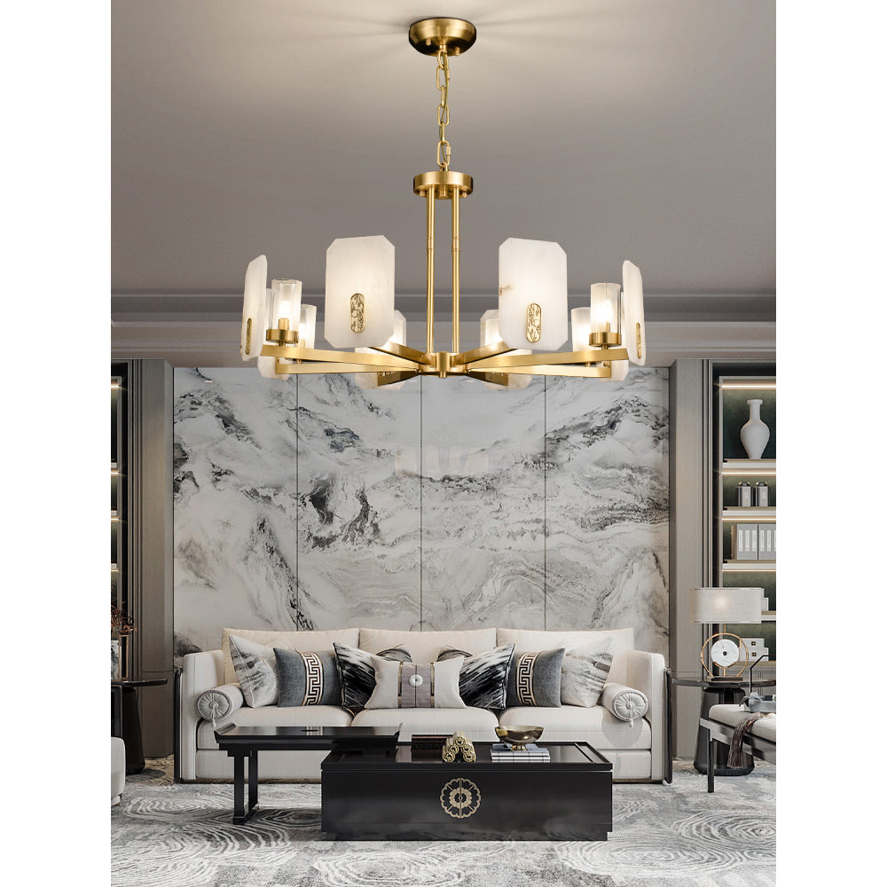 Upton Alabaster Chandelier - 1940s French Mid-Century Brass & Hand-Cut Alabaster Light | Multi-Tiered Pendant