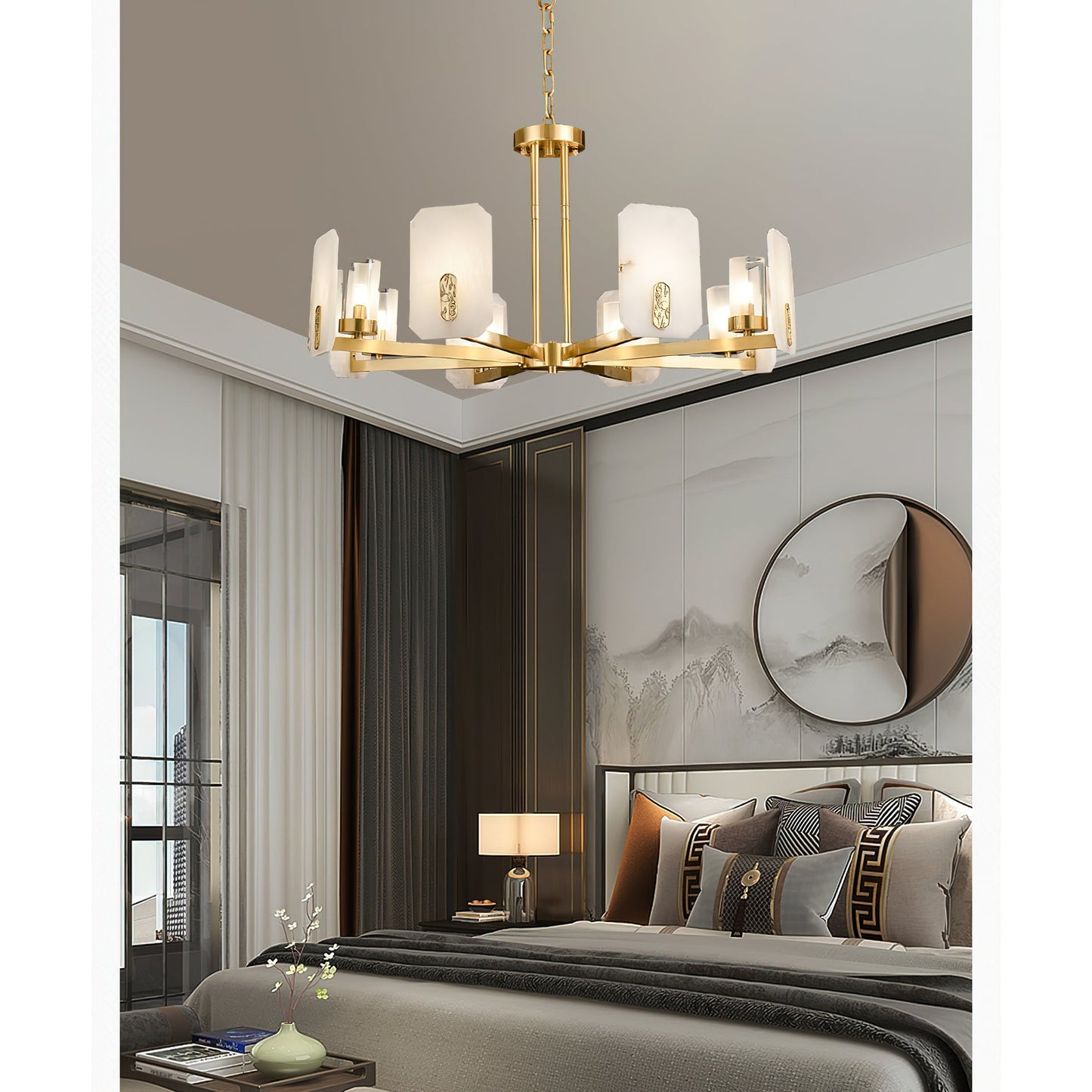 Upton Alabaster Chandelier - 1940s French Mid-Century Brass & Hand-Cut Alabaster Light | Multi-Tiered Pendant