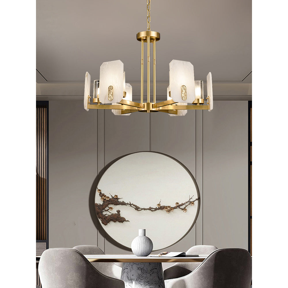 Upton Alabaster Chandelier - 1940s French Mid-Century Brass & Hand-Cut Alabaster Light | Multi-Tiered Pendant
