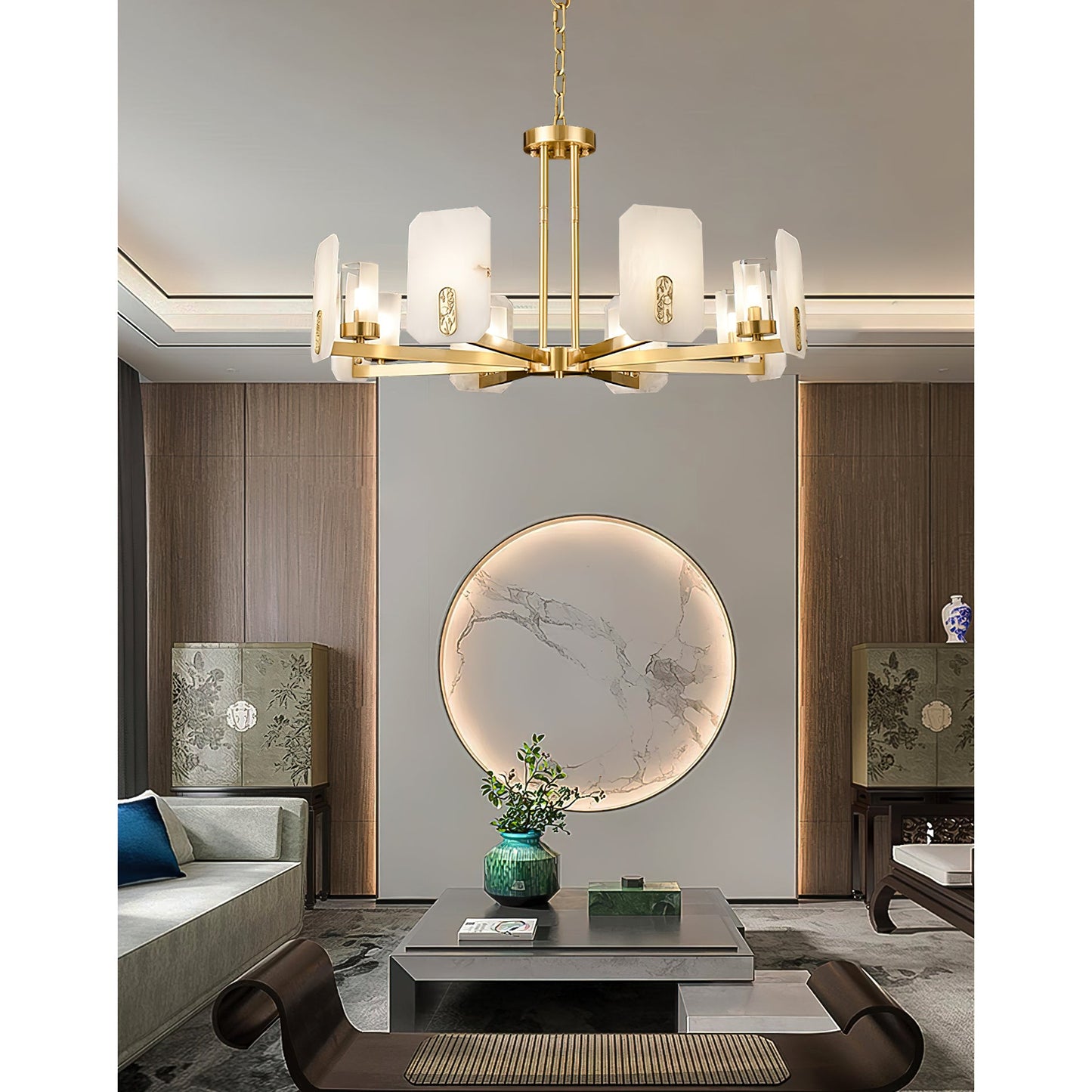 Upton Alabaster Chandelier - 1940s French Mid-Century Brass & Hand-Cut Alabaster Light | Multi-Tiered Pendant