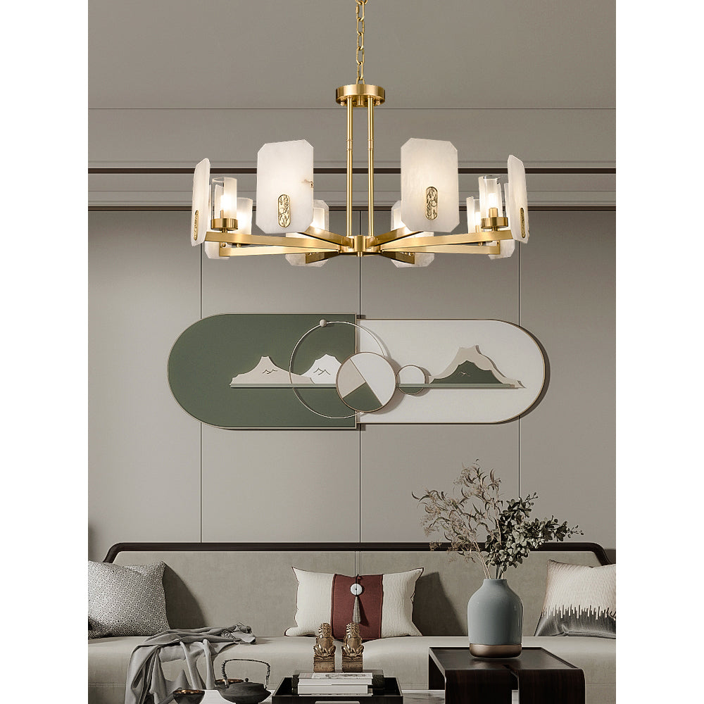 Upton Alabaster Chandelier - 1940s French Mid-Century Brass & Hand-Cut Alabaster Light | Multi-Tiered Pendant