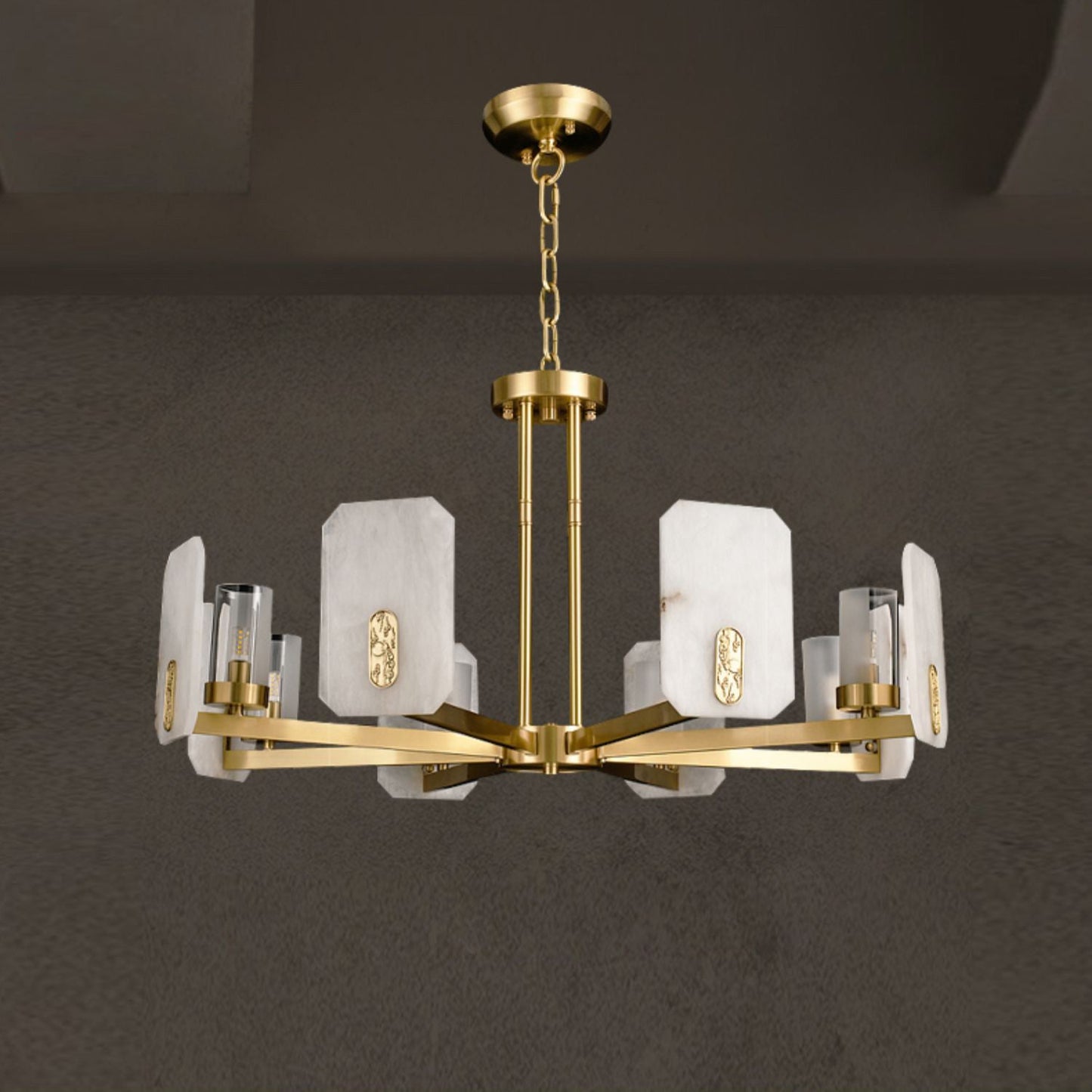 Upton Alabaster Chandelier - 1940s French Mid-Century Brass & Hand-Cut Alabaster Light | Multi-Tiered Pendant