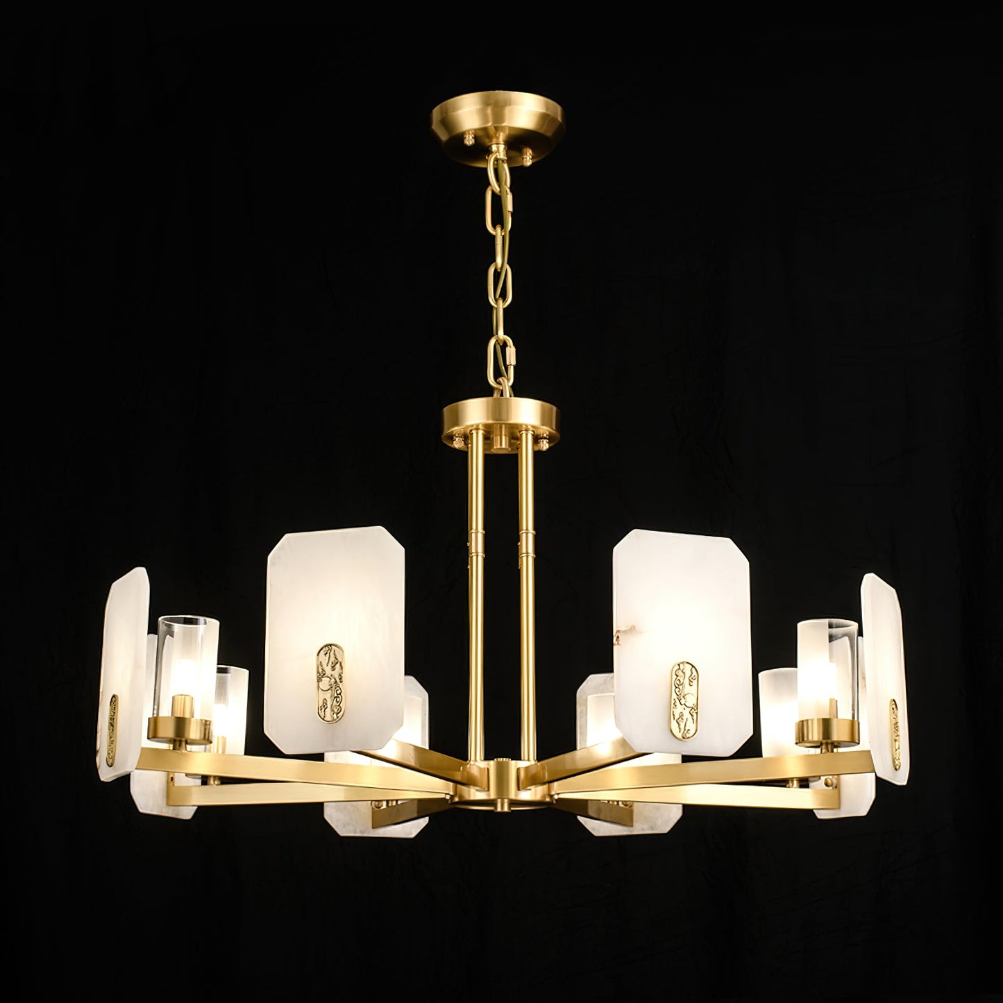 Upton Alabaster Chandelier - 1940s French Mid-Century Brass & Hand-Cut Alabaster Light | Multi-Tiered Pendant