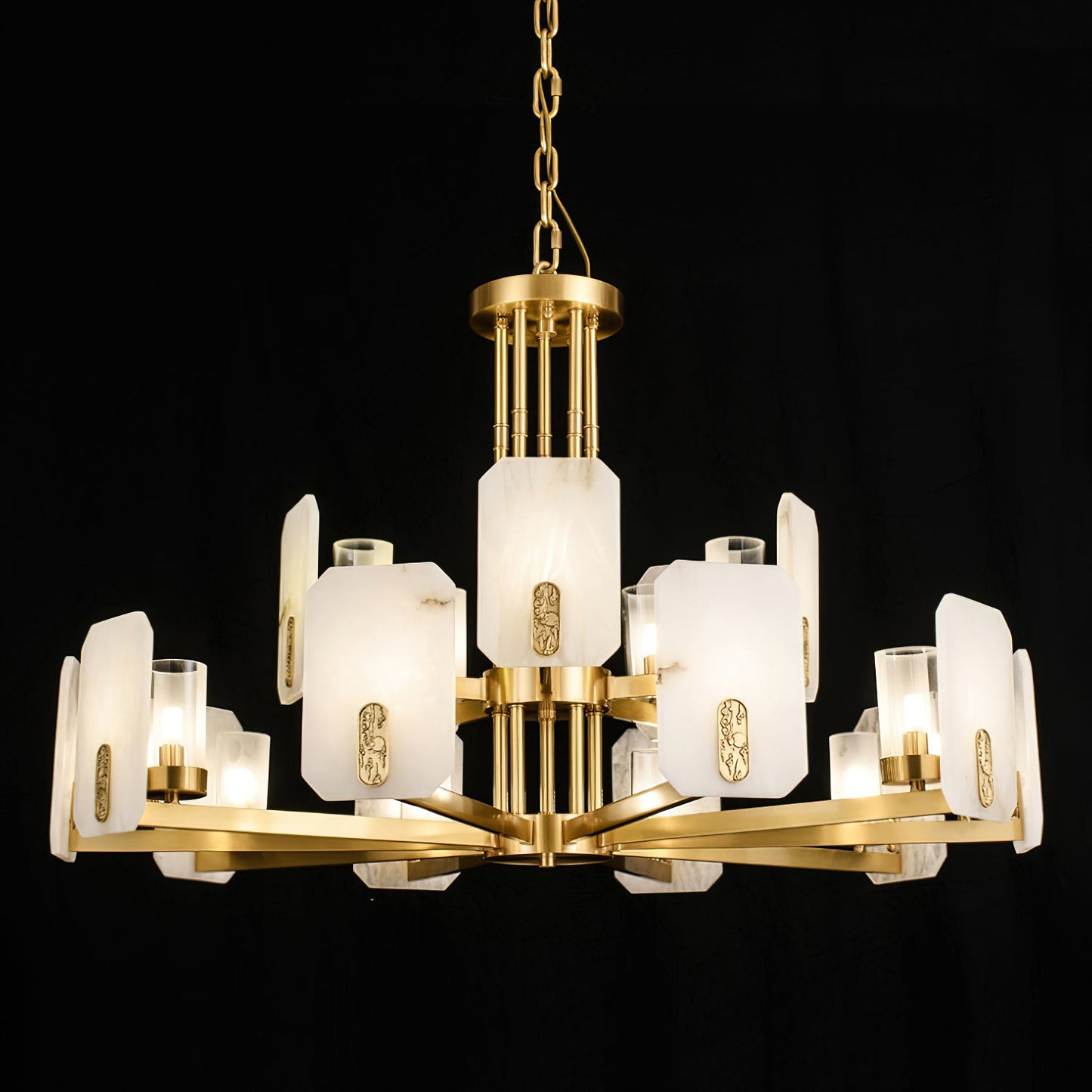 Upton Alabaster Chandelier - 1940s French Mid-Century Brass & Hand-Cut Alabaster Light | Multi-Tiered Pendant