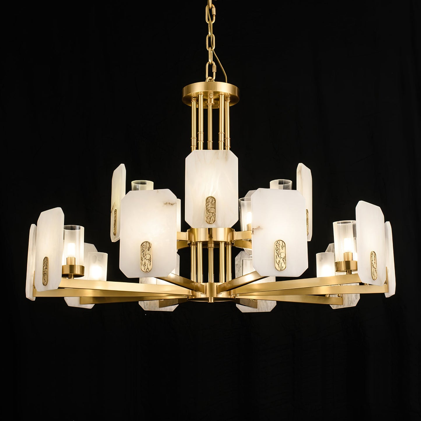 Upton Alabaster Chandelier - 1940s French Mid-Century Brass & Hand-Cut Alabaster Light | Multi-Tiered Pendant